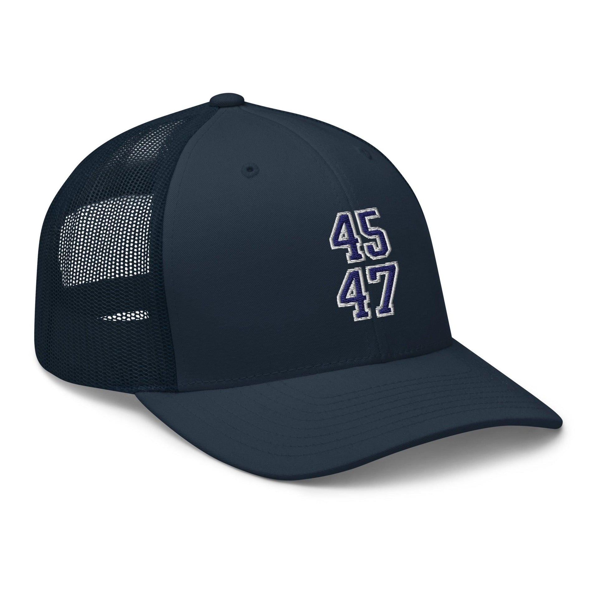 Donald Trump 45-47 Embroidered Mesh Trucker Hat Blue/White Capital Crowns Conservative LADs Trucker Hats