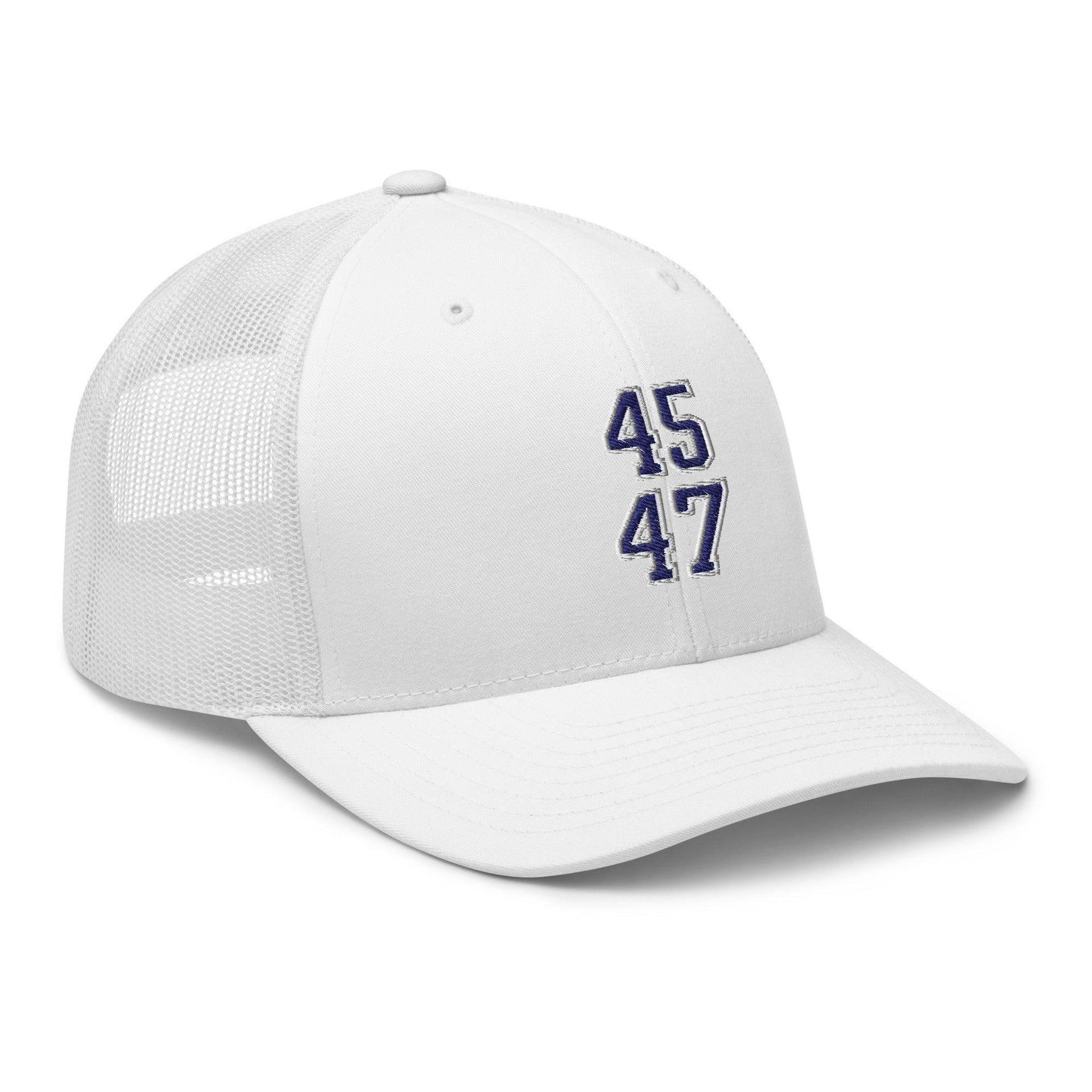 Donald Trump 45-47 Embroidered Mesh Trucker Hat Blue/White Capital Crowns Conservative LADs Trucker Hats