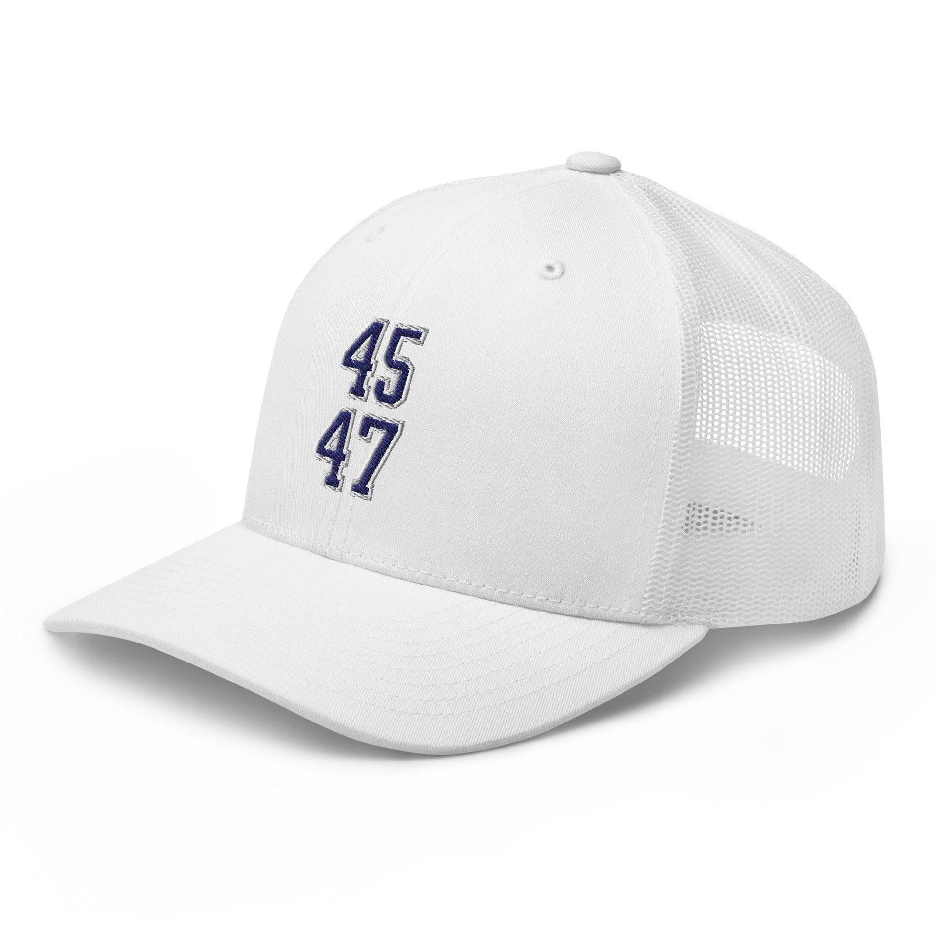 Donald Trump 45-47 Embroidered Mesh Trucker Hat Blue/White Capital Crowns Conservative LADs Trucker Hats