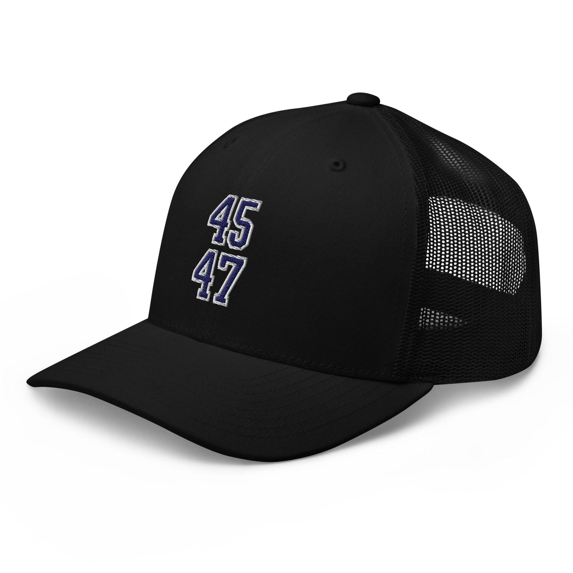 Donald Trump 45-47 Embroidered Mesh Trucker Hat Blue/White Capital Crowns Conservative LADs Trucker Hats