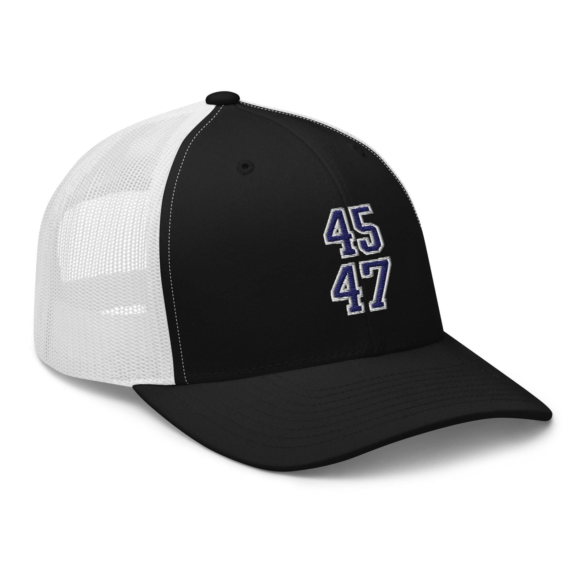 Donald Trump 45-47 Embroidered Mesh Trucker Hat Blue/White Capital Crowns Conservative LADs Trucker Hats