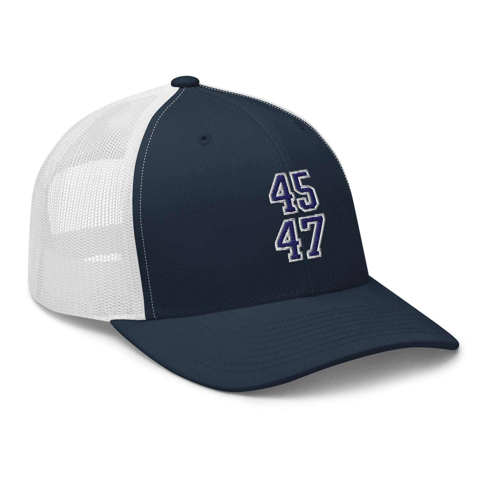 Donald Trump 45-47 Embroidered Mesh Trucker Hat Blue/White Capital Crowns Conservative LADs Trucker Hats