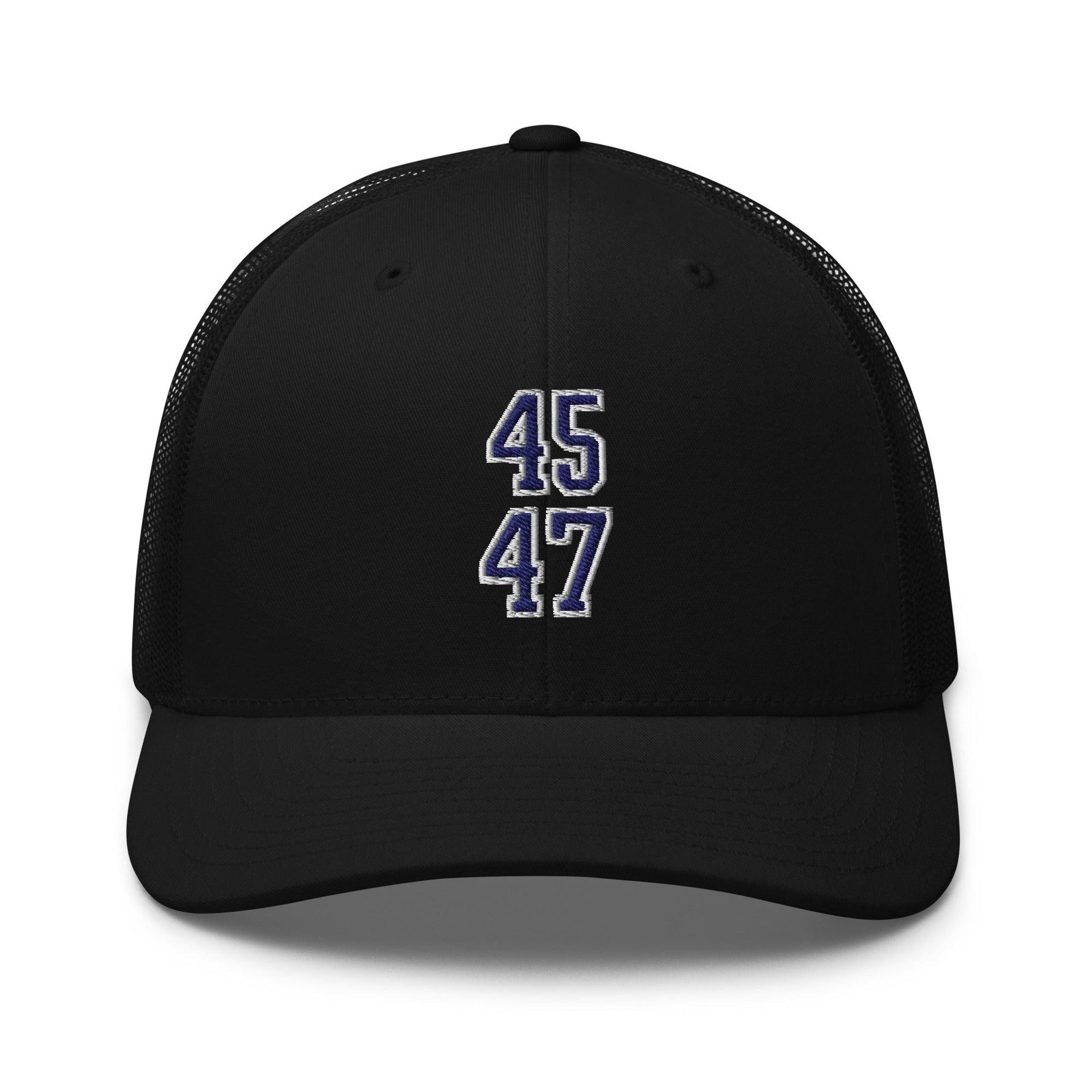 Donald Trump 45-47 Embroidered Mesh Trucker Hat Blue/White Black Capital Crowns Conservative LADs Trucker Hats