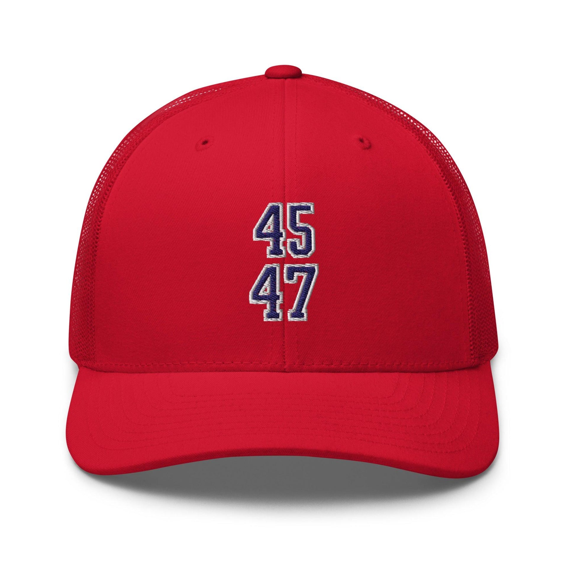 Donald Trump 45-47 Embroidered Mesh Trucker Hat Blue/White Red Capital Crowns Conservative LADs Trucker Hats