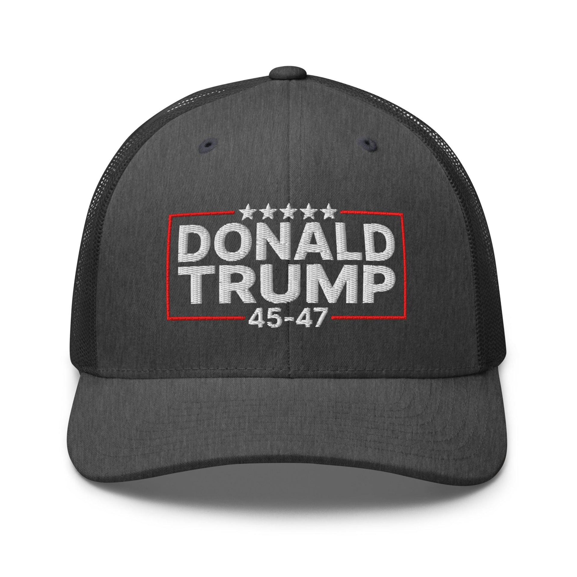 Donald Trump 45-47 Embroidered Mesh Trucker Hat Dark Heather Gray Capital Crowns Conservative LADs Trucker Hats