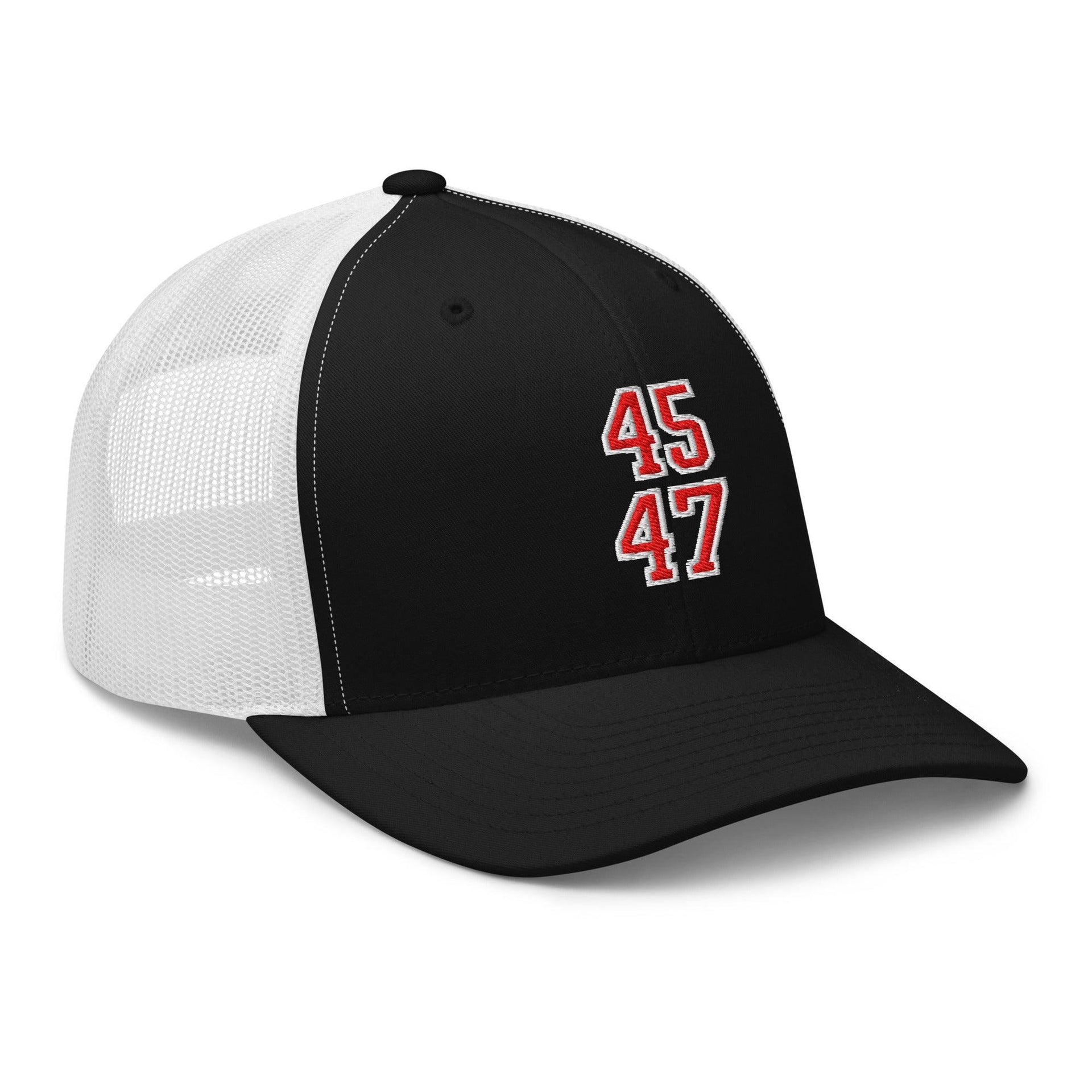Donald Trump 45-47 Embroidered Mesh Trucker Hat Red/White Capital Crowns Conservative LADs Trucker Hats