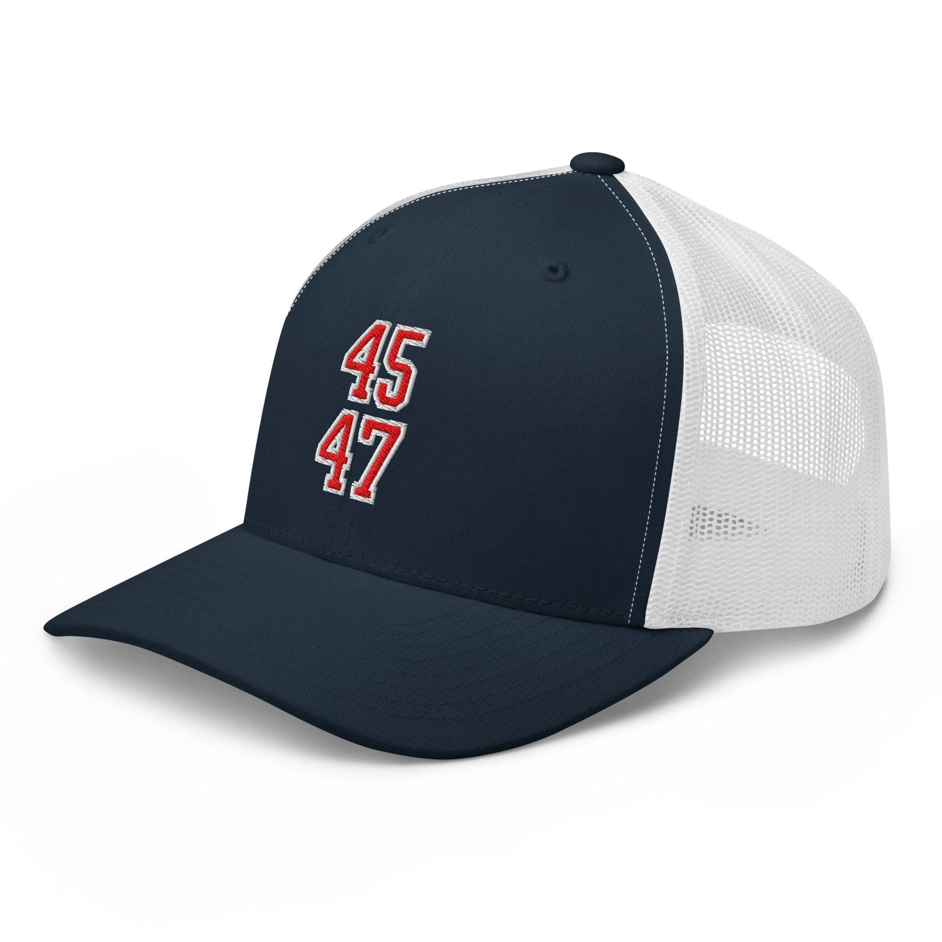 Donald Trump 45-47 Embroidered Mesh Trucker Hat Red/White Capital Crowns Conservative LADs Trucker Hats