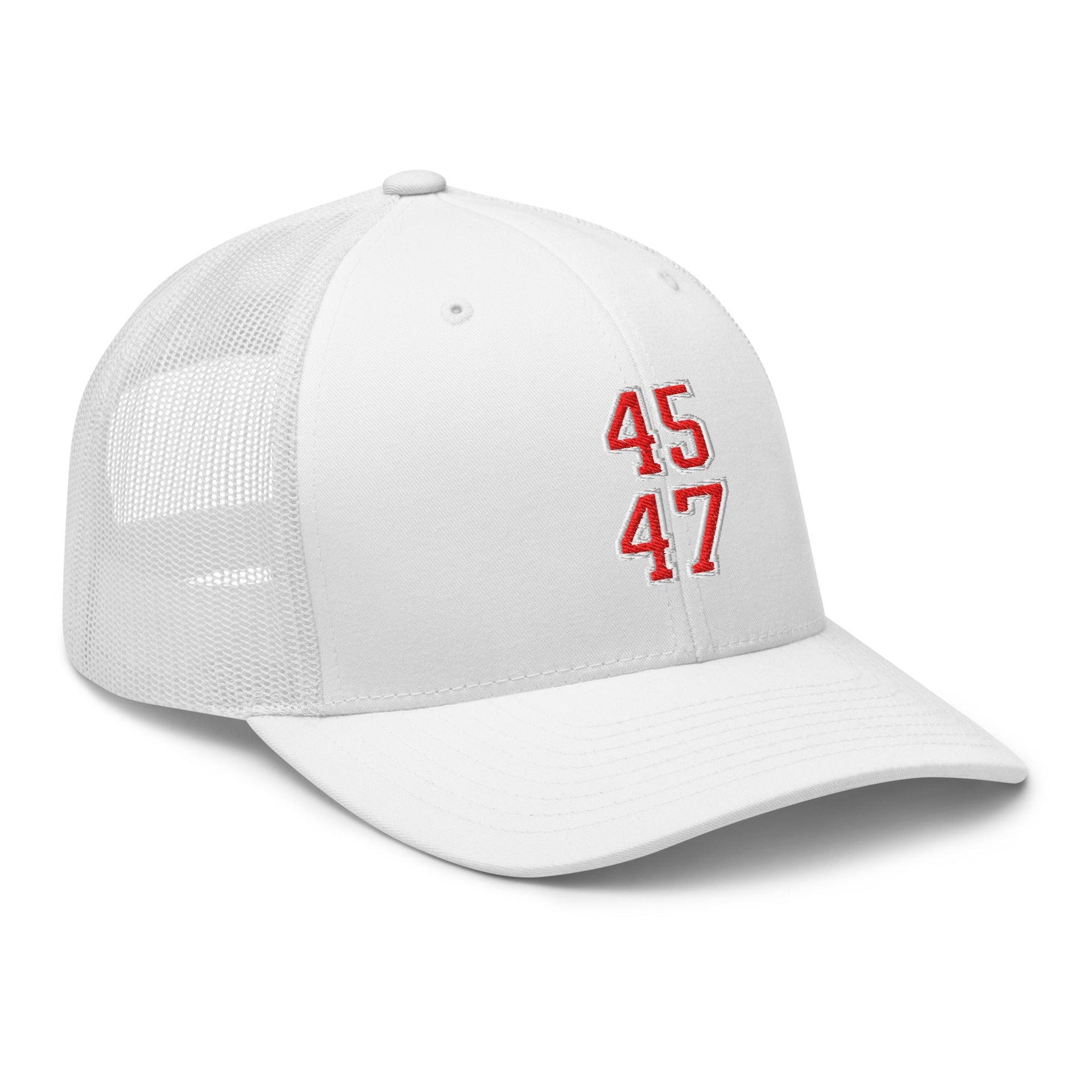 Donald Trump 45-47 Embroidered Mesh Trucker Hat Red/White Capital Crowns Conservative LADs Trucker Hats