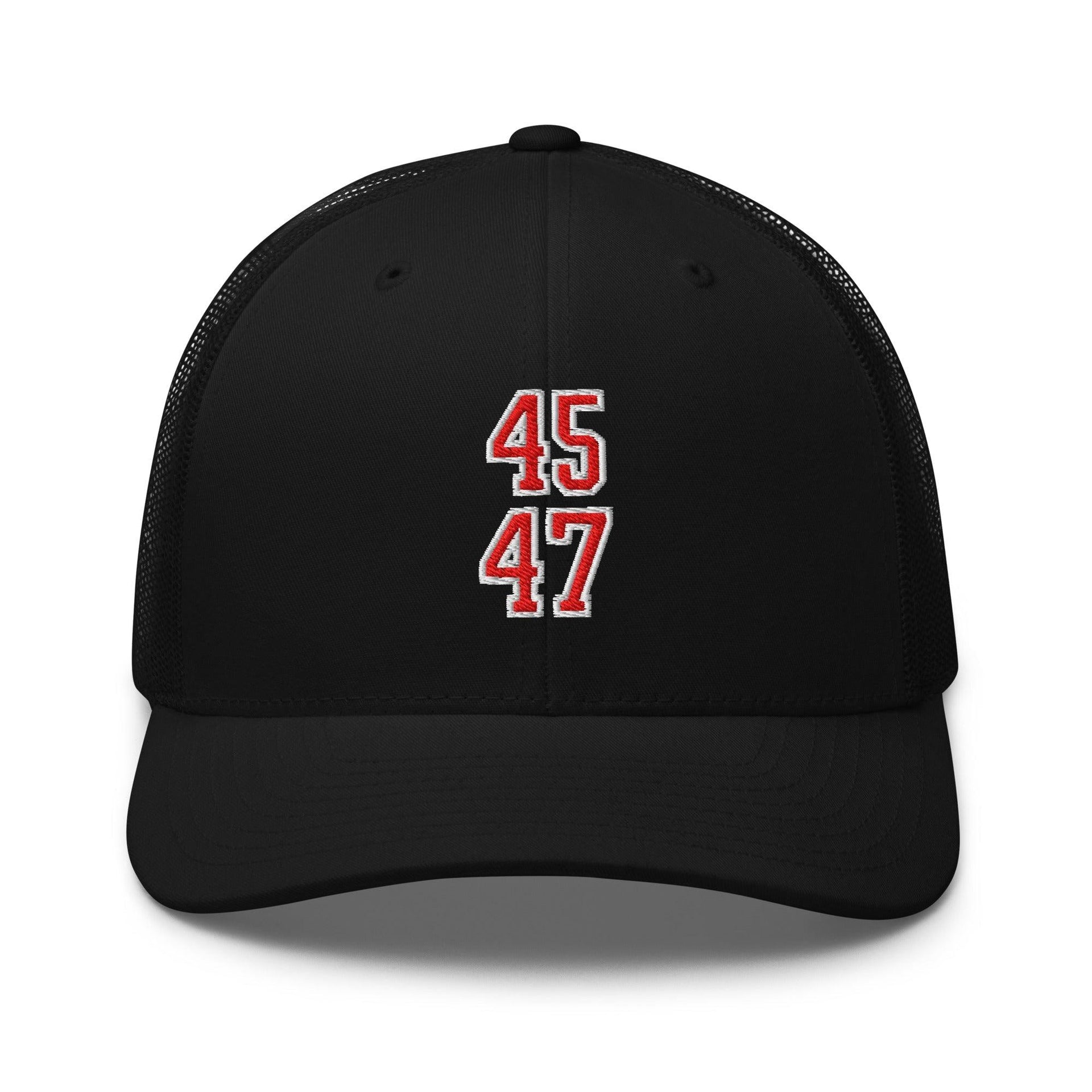 Donald Trump 45-47 Embroidered Mesh Trucker Hat Red/White Black Capital Crowns Conservative LADs Trucker Hats
