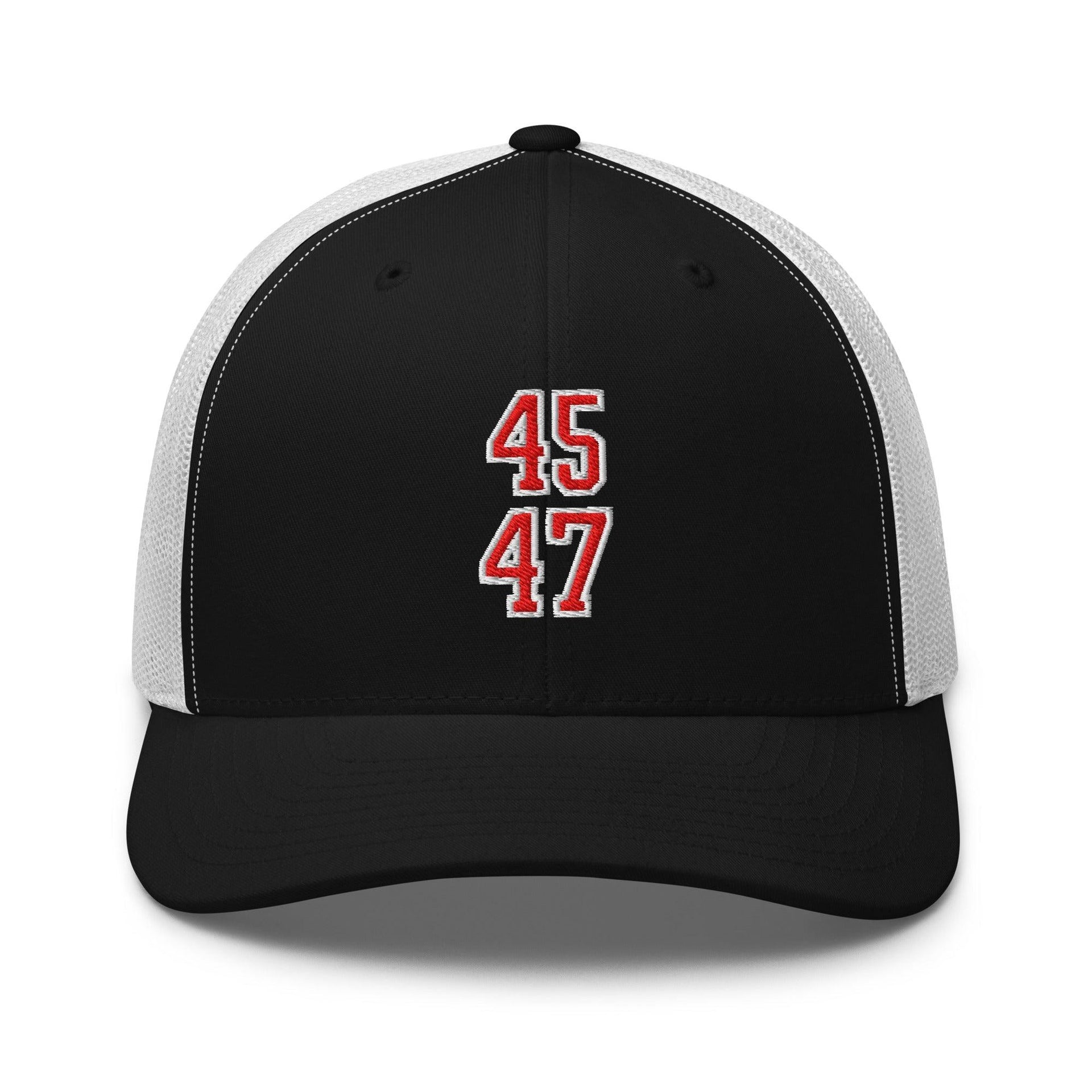 Donald Trump 45-47 Embroidered Mesh Trucker Hat Red/White Black White Capital Crowns Conservative LADs Trucker Hats
