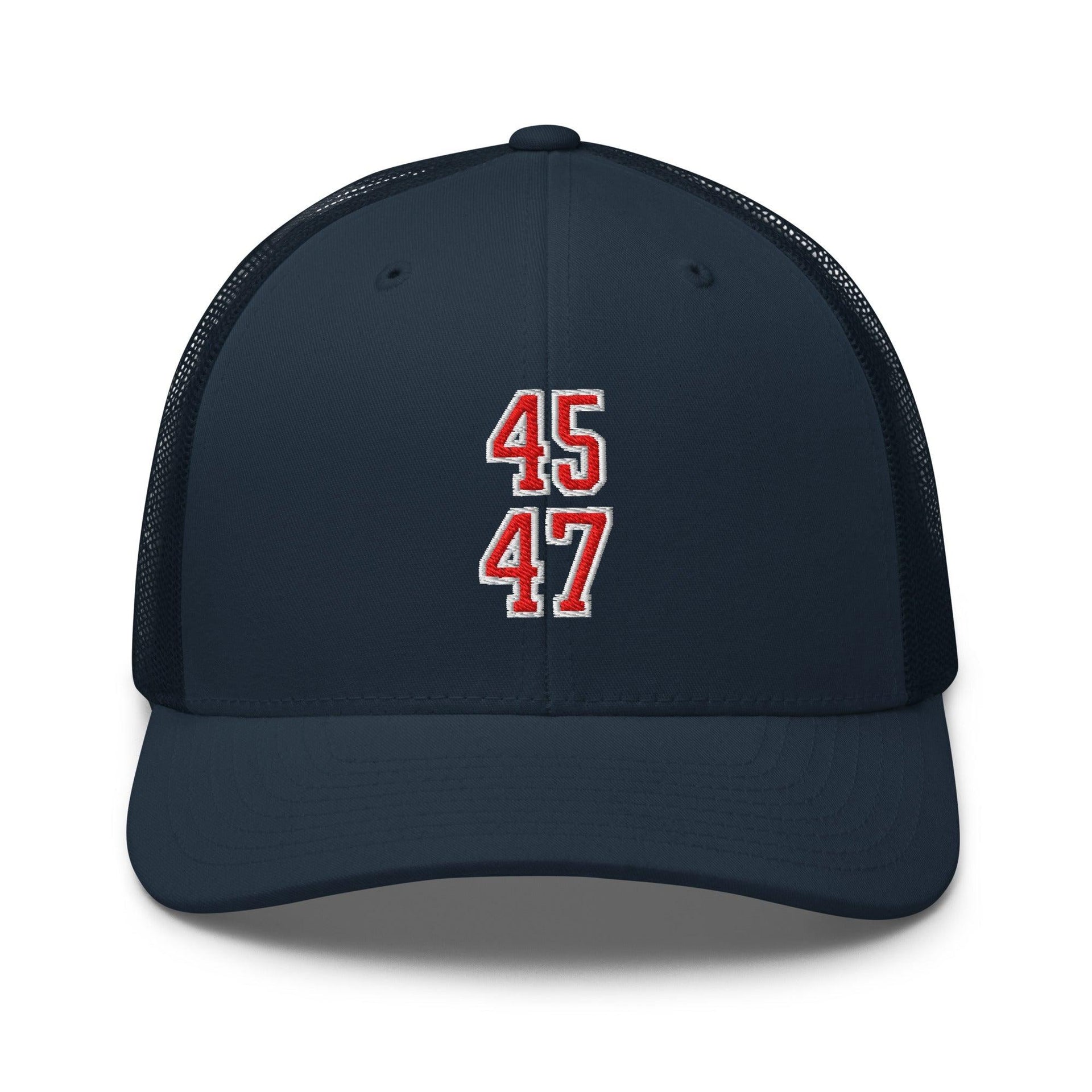 Donald Trump 45-47 Embroidered Mesh Trucker Hat Red/White Navy Capital Crowns Conservative LADs Trucker Hats