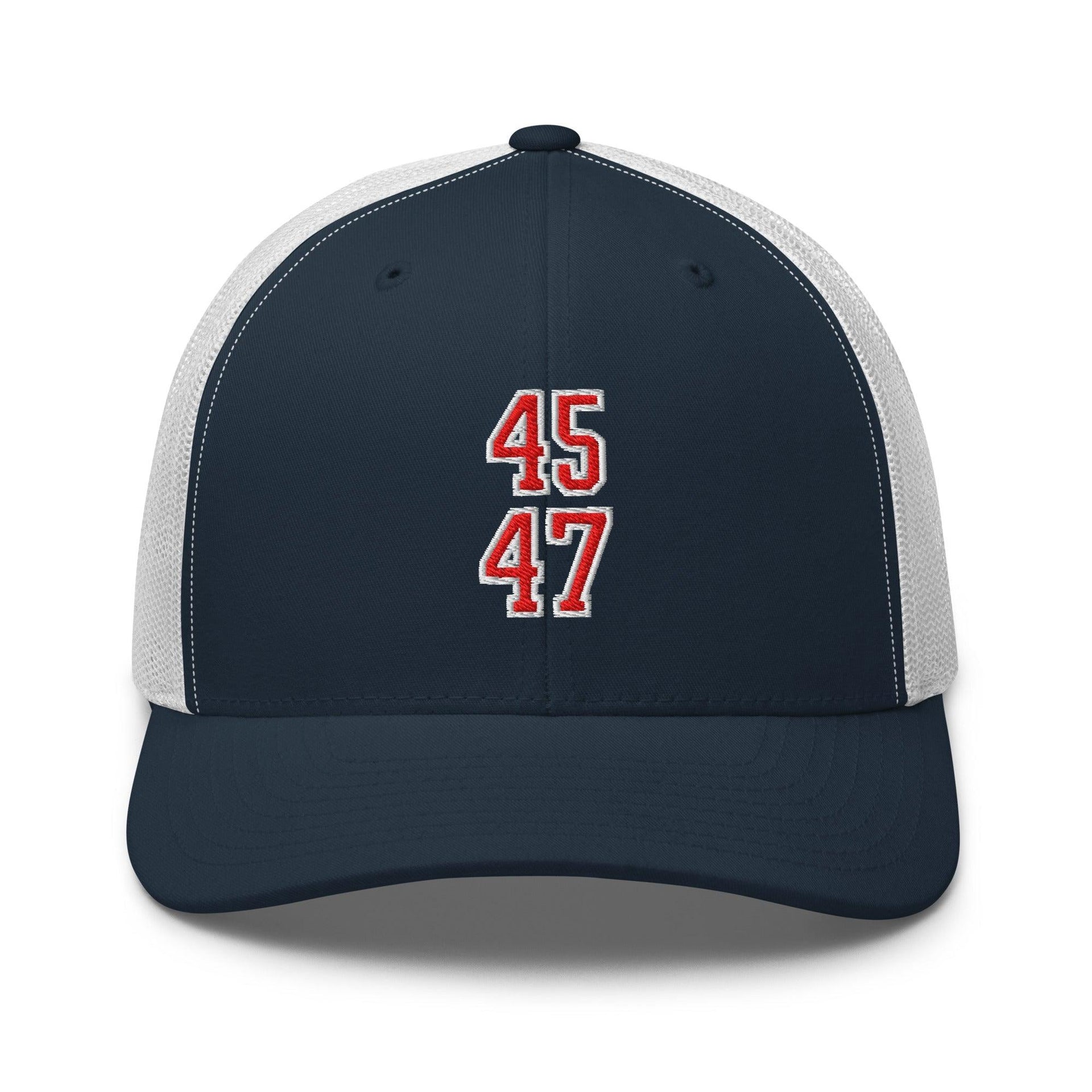 Donald Trump 45-47 Embroidered Mesh Trucker Hat Red/White Navy White Capital Crowns Conservative LADs Trucker Hats