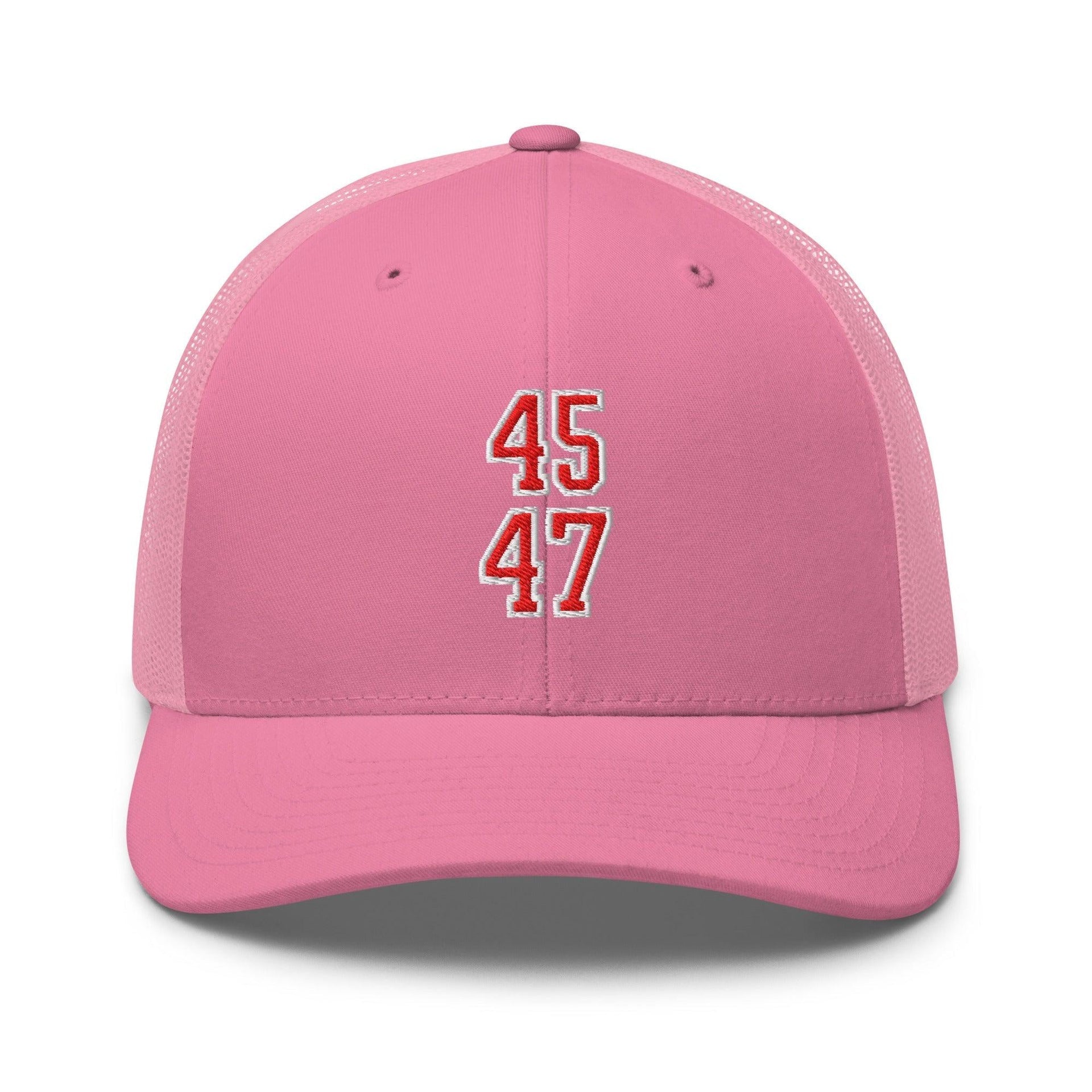 Donald Trump 45-47 Embroidered Mesh Trucker Hat Red/White Pink Capital Crowns Conservative LADs Trucker Hats