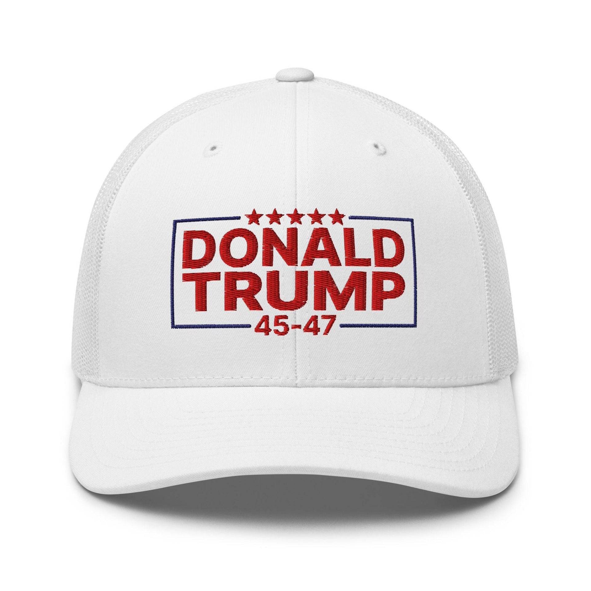 Donald Trump 45-47 Embroidered Mesh Trucker Hat White Capital Crowns Conservative LADs Trucker Hats