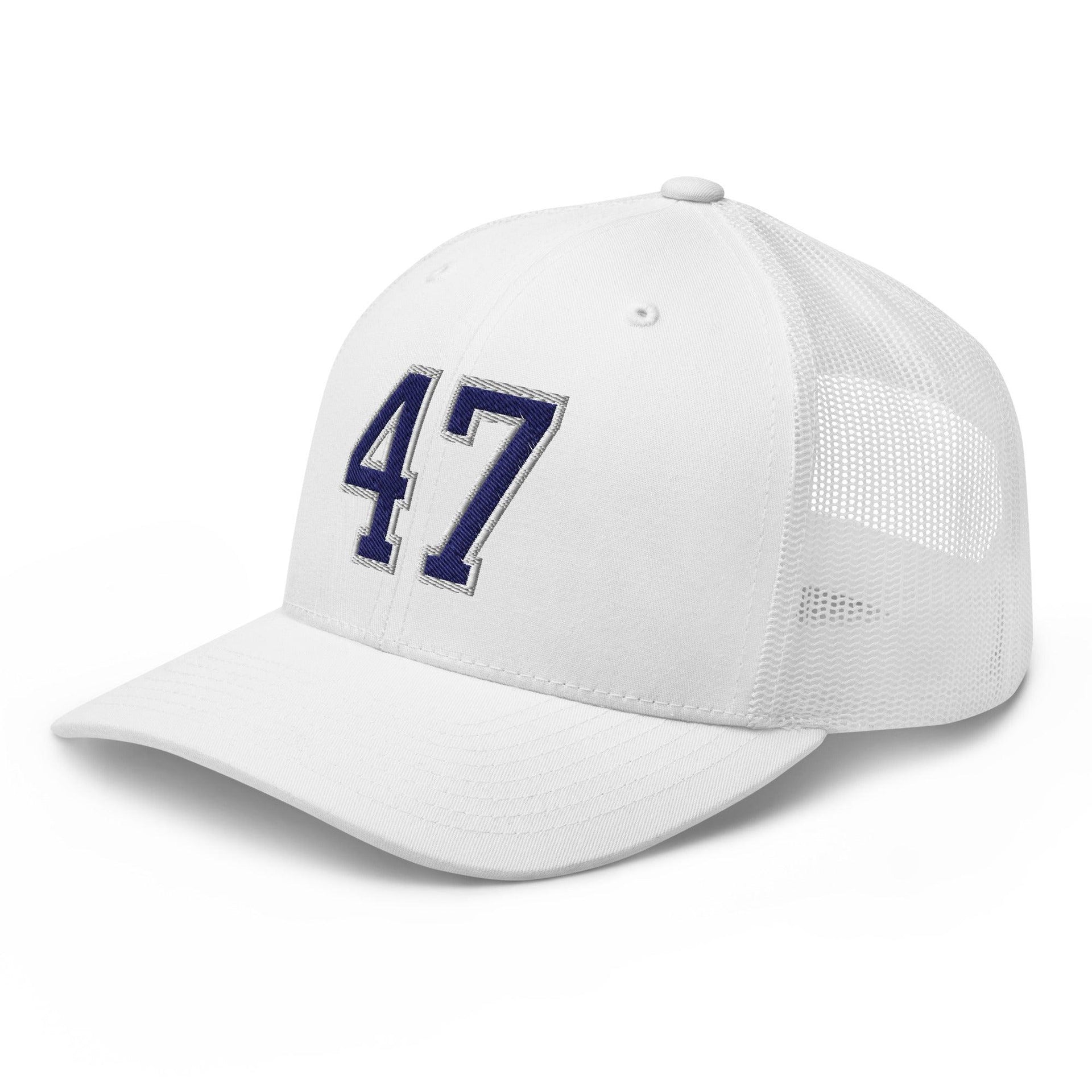 Donald Trump 47 Embroidered Mesh Trucker Hat Blue/White Capital Crowns Conservative LADs Trucker Hats