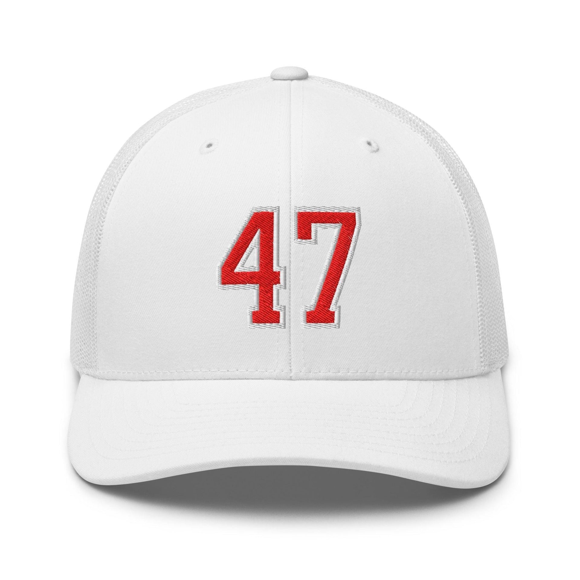 Donald Trump 47 Embroidered Mesh Trucker Hat Red/White White Capital Crowns Conservative LADs Trucker Hats