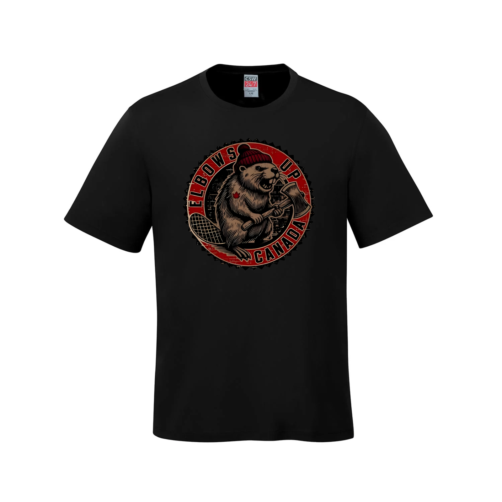 Elbows Up Canada T-Shirt – Featuring the Mighty Beaver! Black Canada Elbows Up
