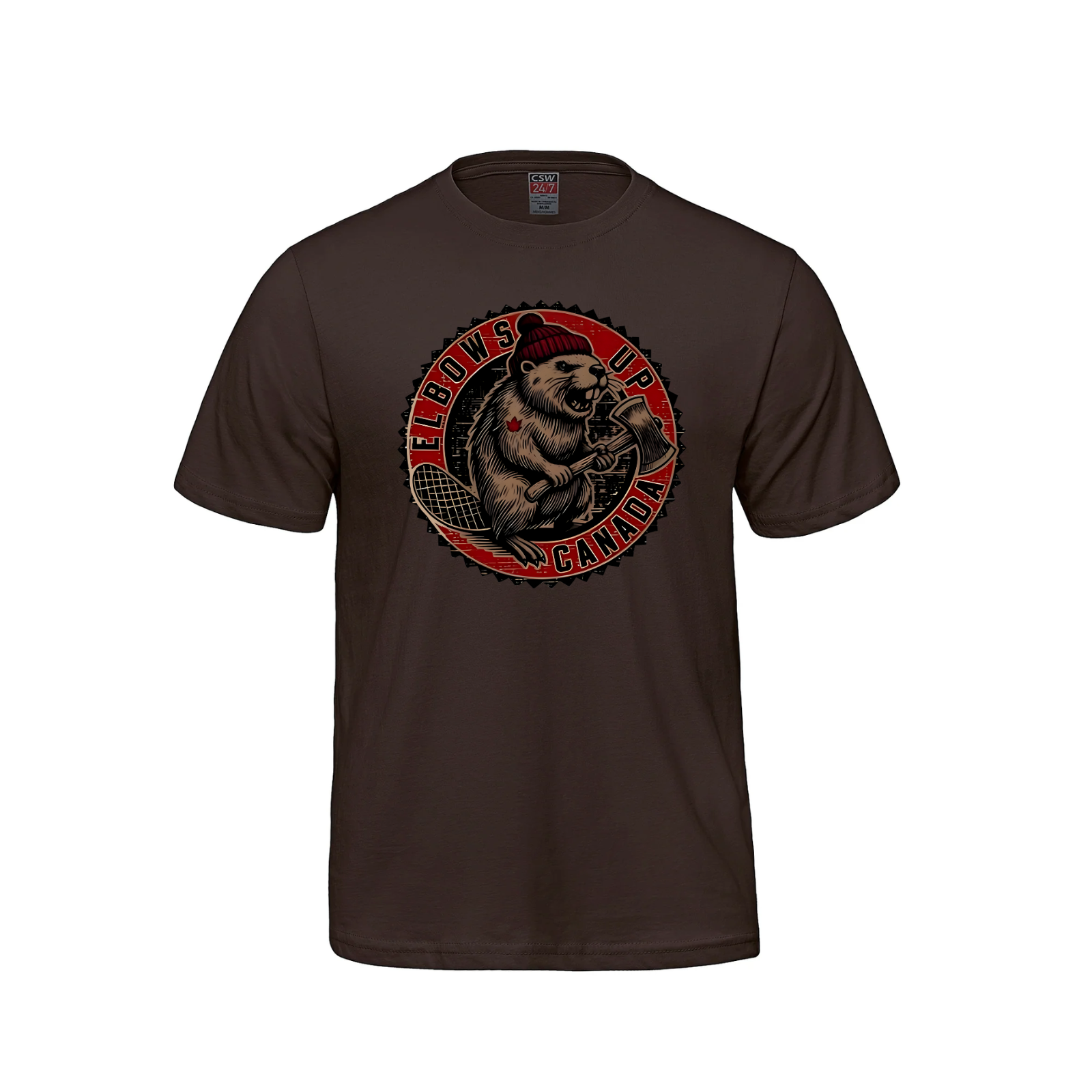 Elbows Up Canada T-Shirt – Featuring the Mighty Beaver! Brown Canada Elbows Up