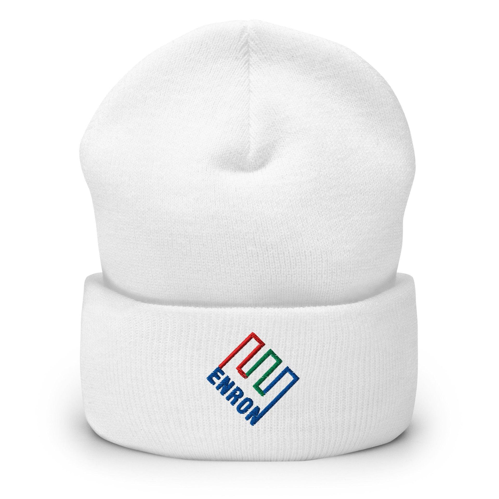 Enron Embroidered Knit Cuffed Beanie White Beanies Capital Crowns Funny