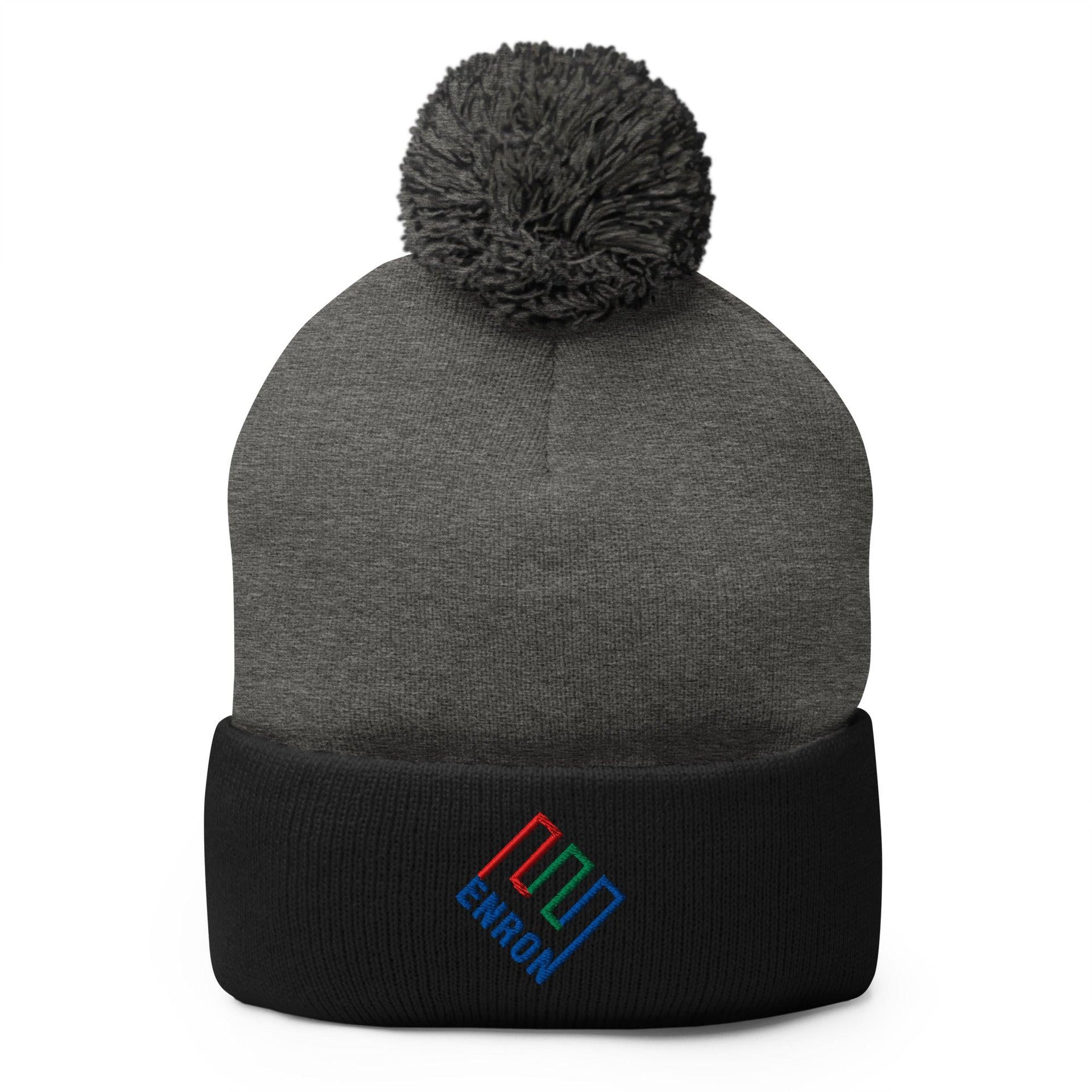 Enron Embroidered Knit Pom Pom Beanie Dark Heather Grey Black Beanies Capital Crowns Funny