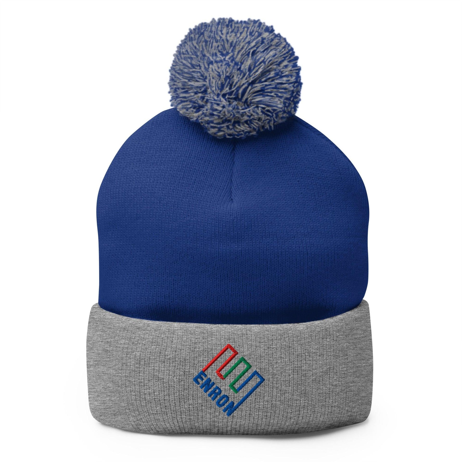 Enron Embroidered Knit Pom Pom Beanie Royal Heather Grey Beanies Capital Crowns Funny