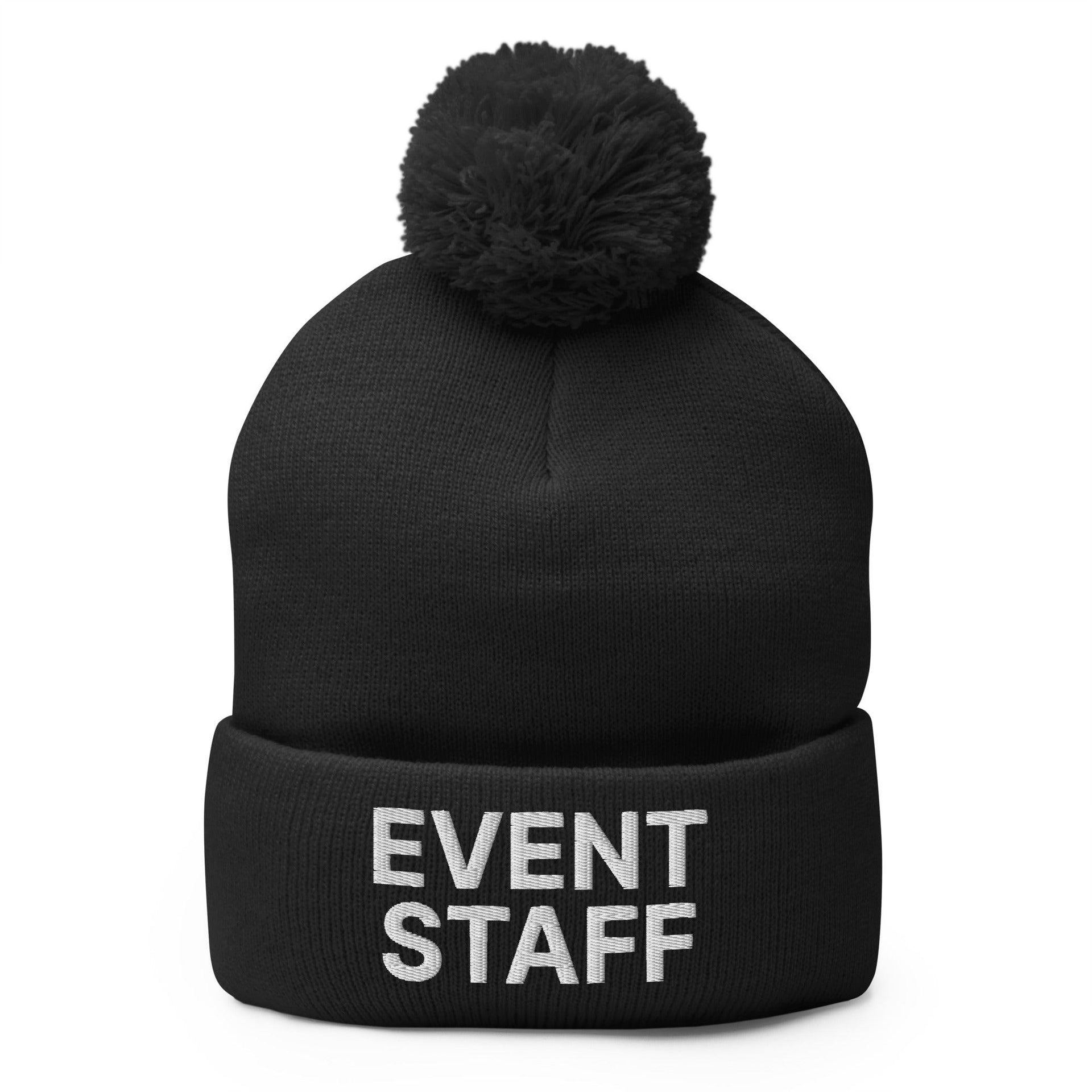 Event Staff Uniform Block Embroidered Knit Pom Pom Beanie Black Beanies Capital Crowns Work