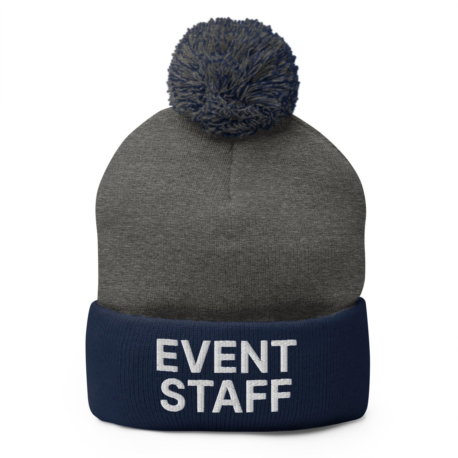 Event Staff Uniform Block Embroidered Knit Pom Pom Beanie Dark Heather Grey Navy Beanies Capital Crowns Work