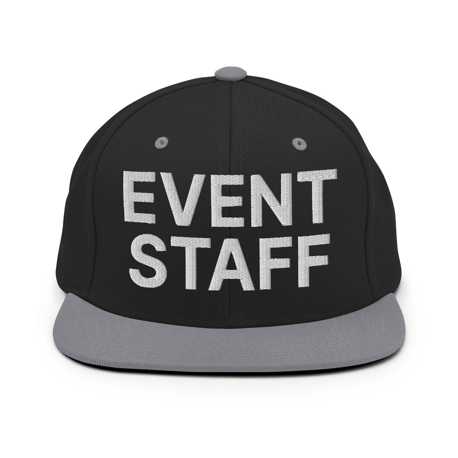 Event Staff Uniform Work Embroidered Flat Bill Brim Snapback Hat Black Silver Capital Crowns Snapback Hats Work