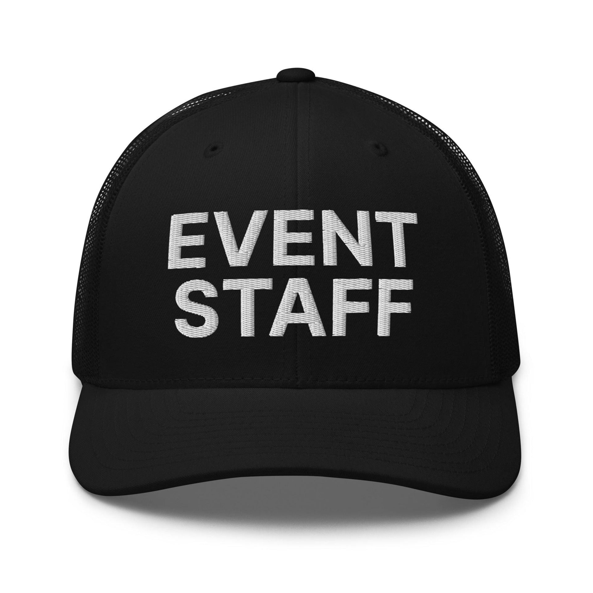 Event Staff Work Block Embroidered Mesh Trucker Hat Black Capital Crowns Trucker Hats Work