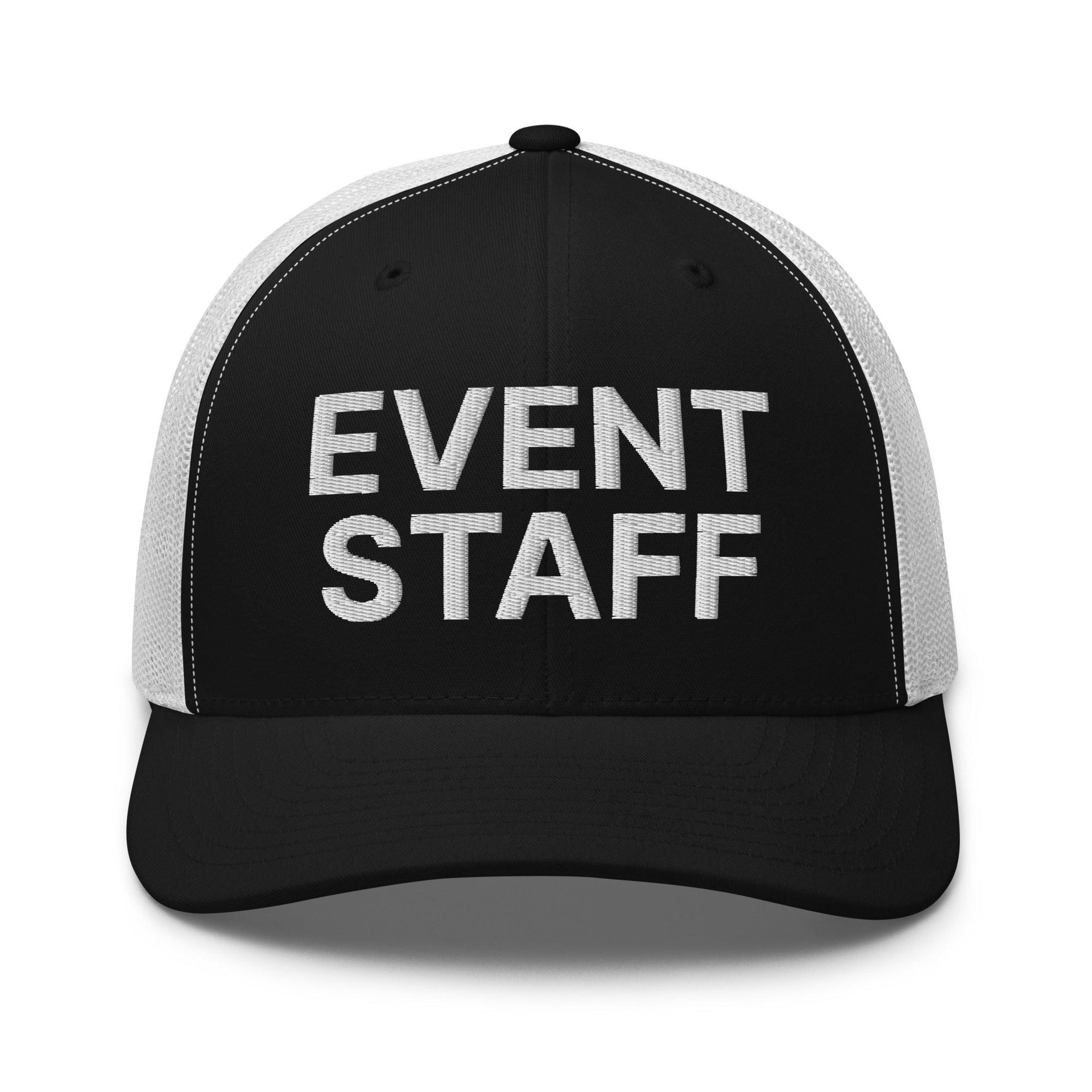 Event Staff Work Block Embroidered Mesh Trucker Hat Black White Capital Crowns Trucker Hats Work