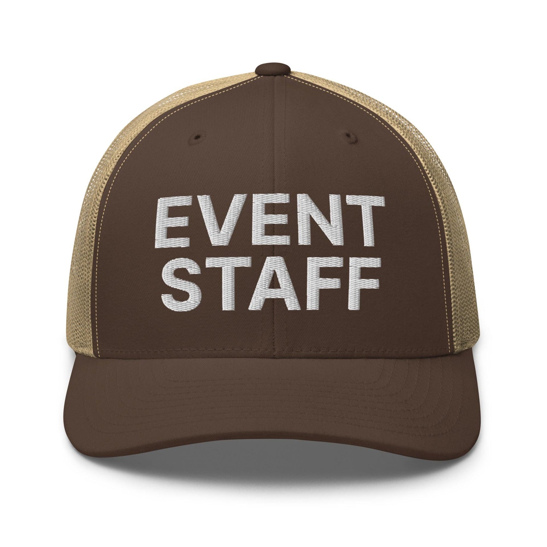 Event Staff Work Block Embroidered Mesh Trucker Hat Brown Khaki Capital Crowns Trucker Hats Work