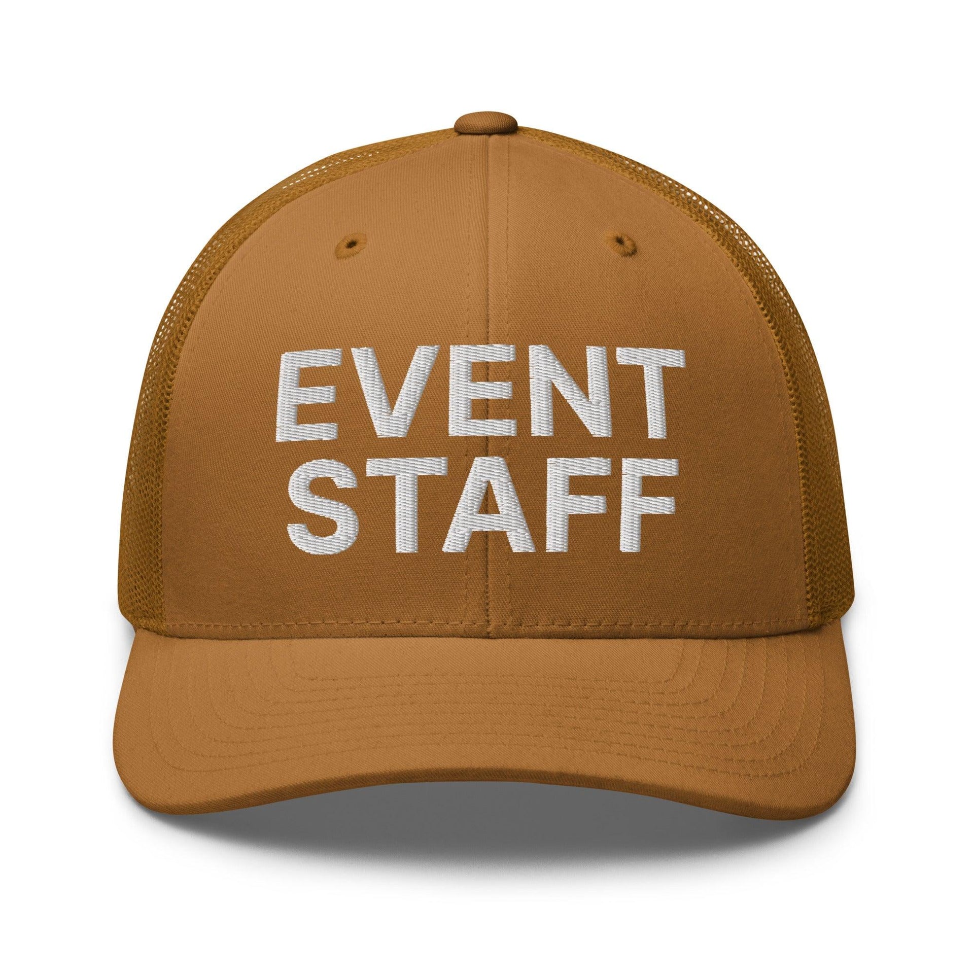 Event Staff Work Block Embroidered Mesh Trucker Hat Caramel Capital Crowns Trucker Hats Work