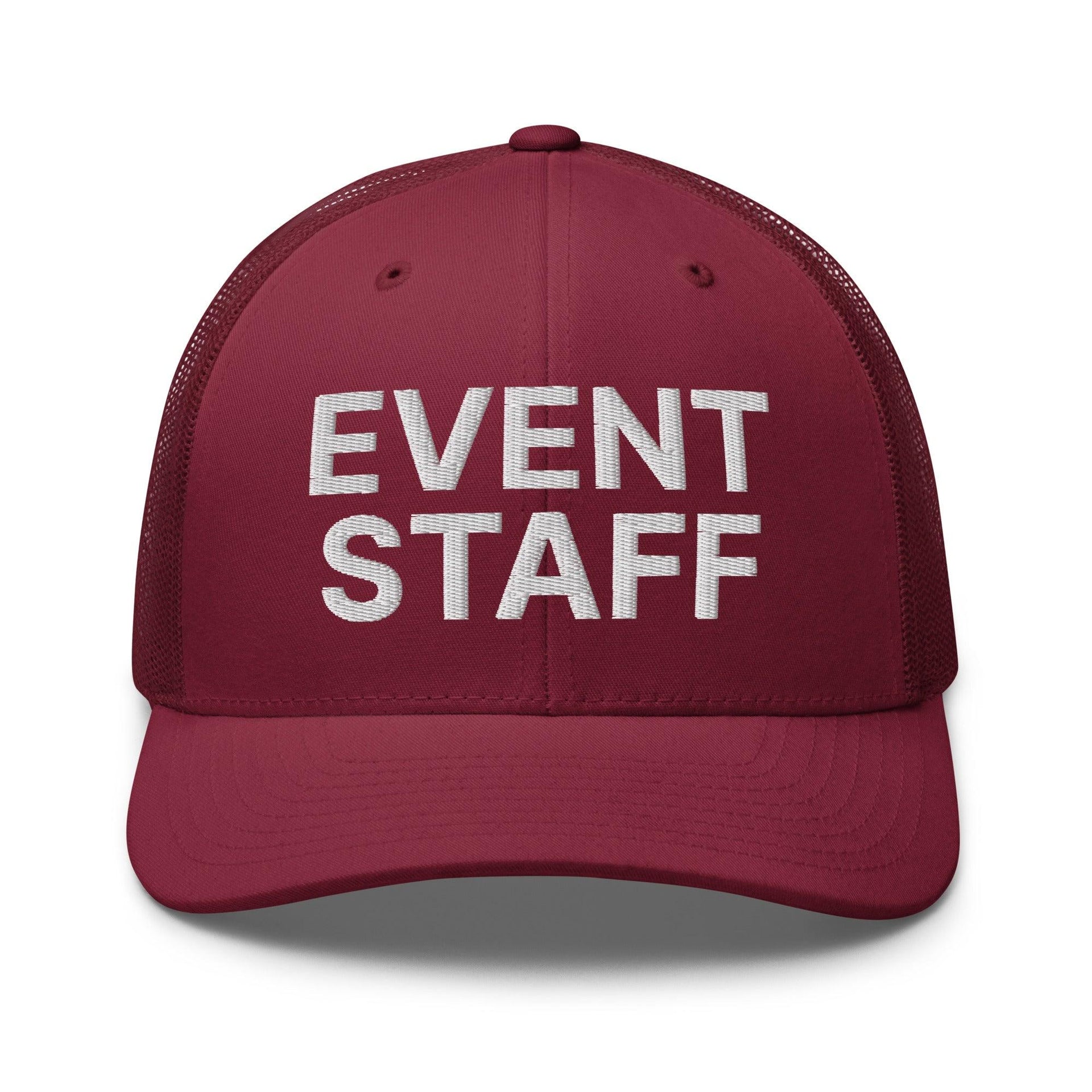 Event Staff Work Block Embroidered Mesh Trucker Hat Cranberry Capital Crowns Trucker Hats Work