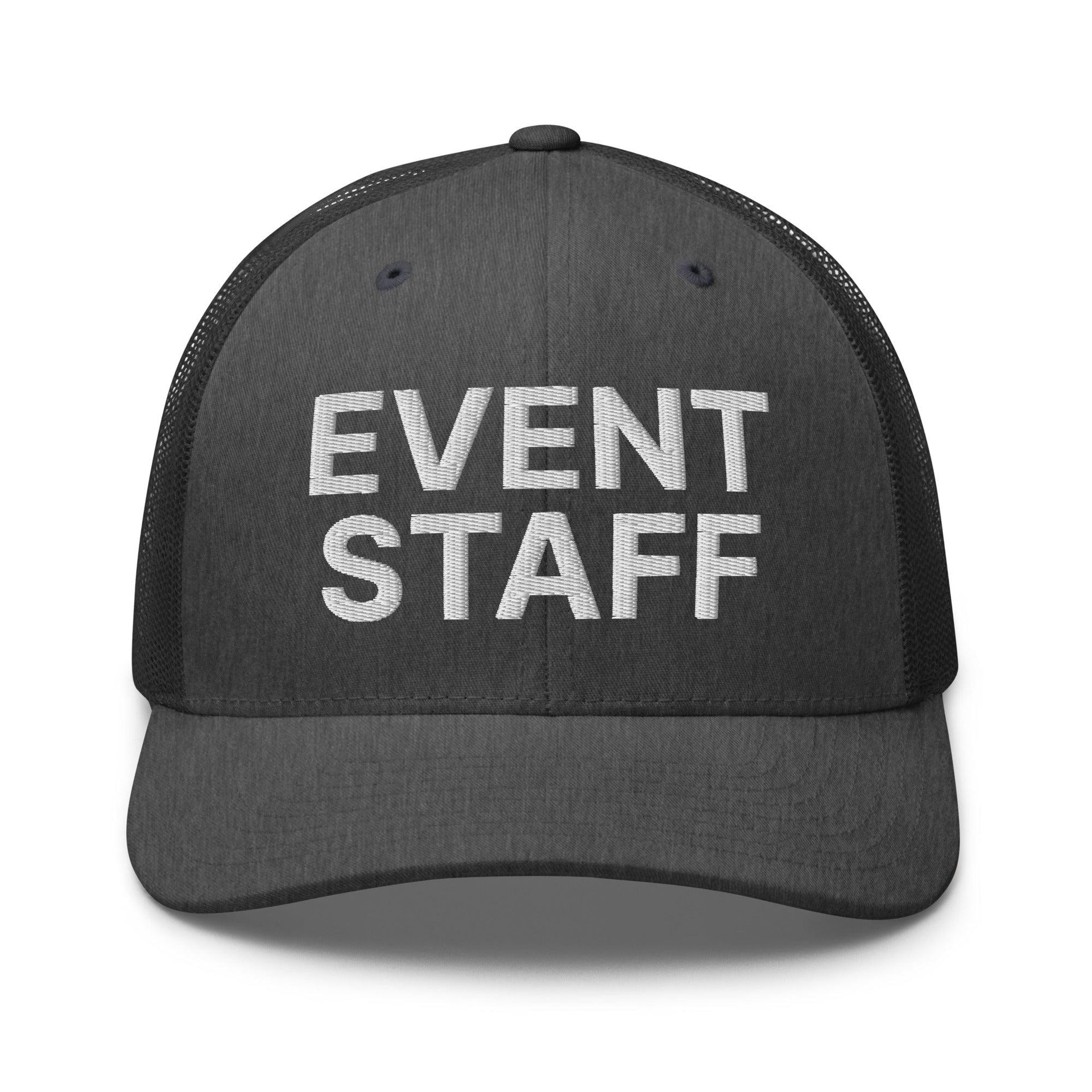 Event Staff Work Block Embroidered Mesh Trucker Hat Dark Heather Gray Capital Crowns Trucker Hats Work
