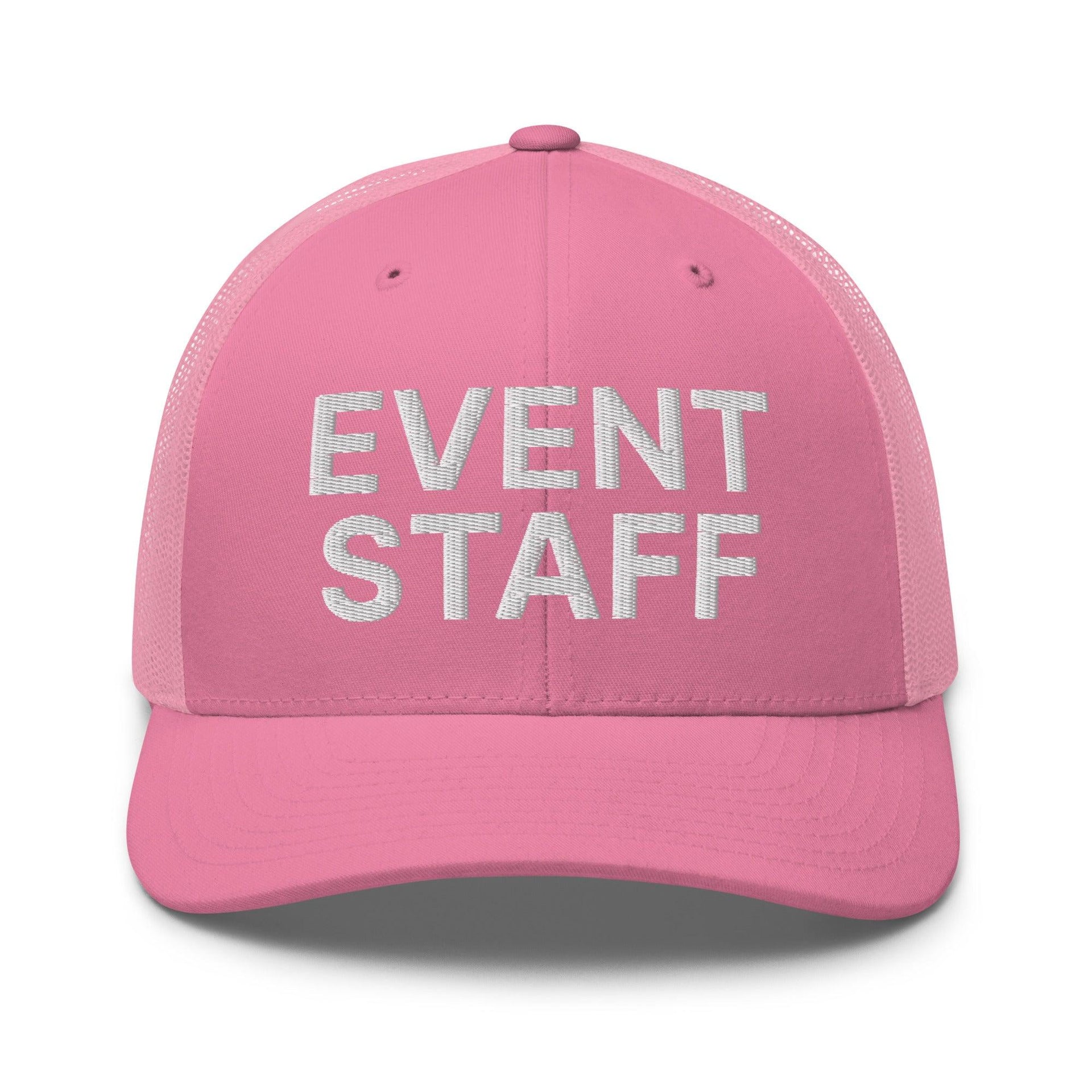 Event Staff Work Block Embroidered Mesh Trucker Hat Pink Capital Crowns Trucker Hats Work