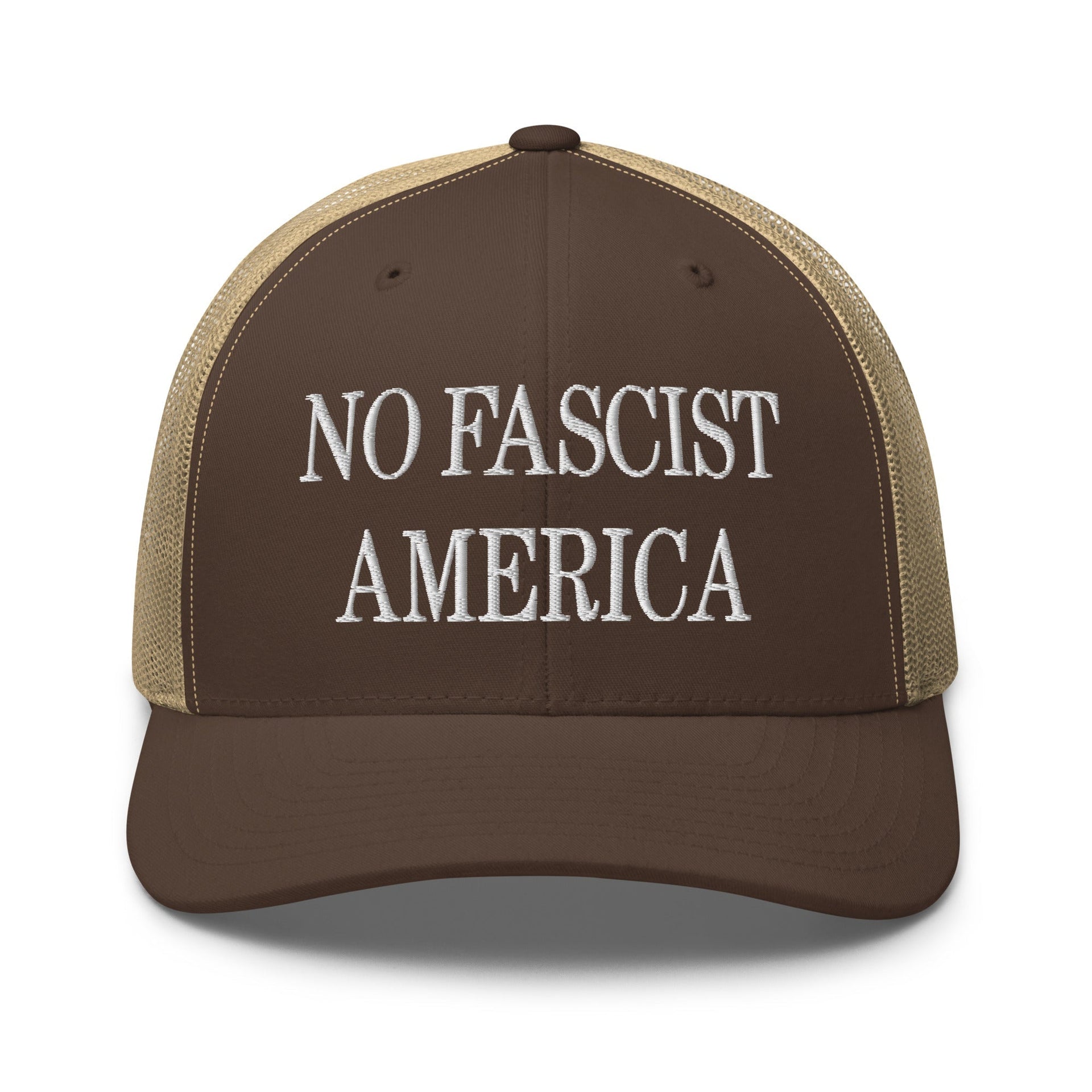 No Fascist America Embroidered Retro Mesh Trucker Hat Brown Khaki Capital Crowns LADs Liberal Trucker Hats