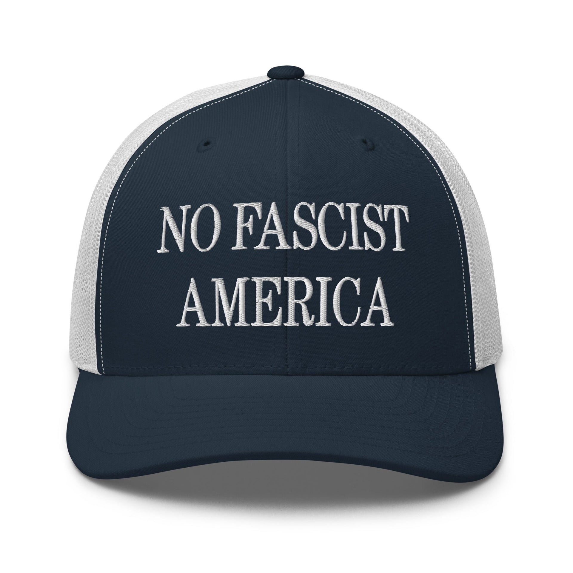 No Fascist America Embroidered Retro Mesh Trucker Hat Navy White Capital Crowns LADs Liberal Trucker Hats