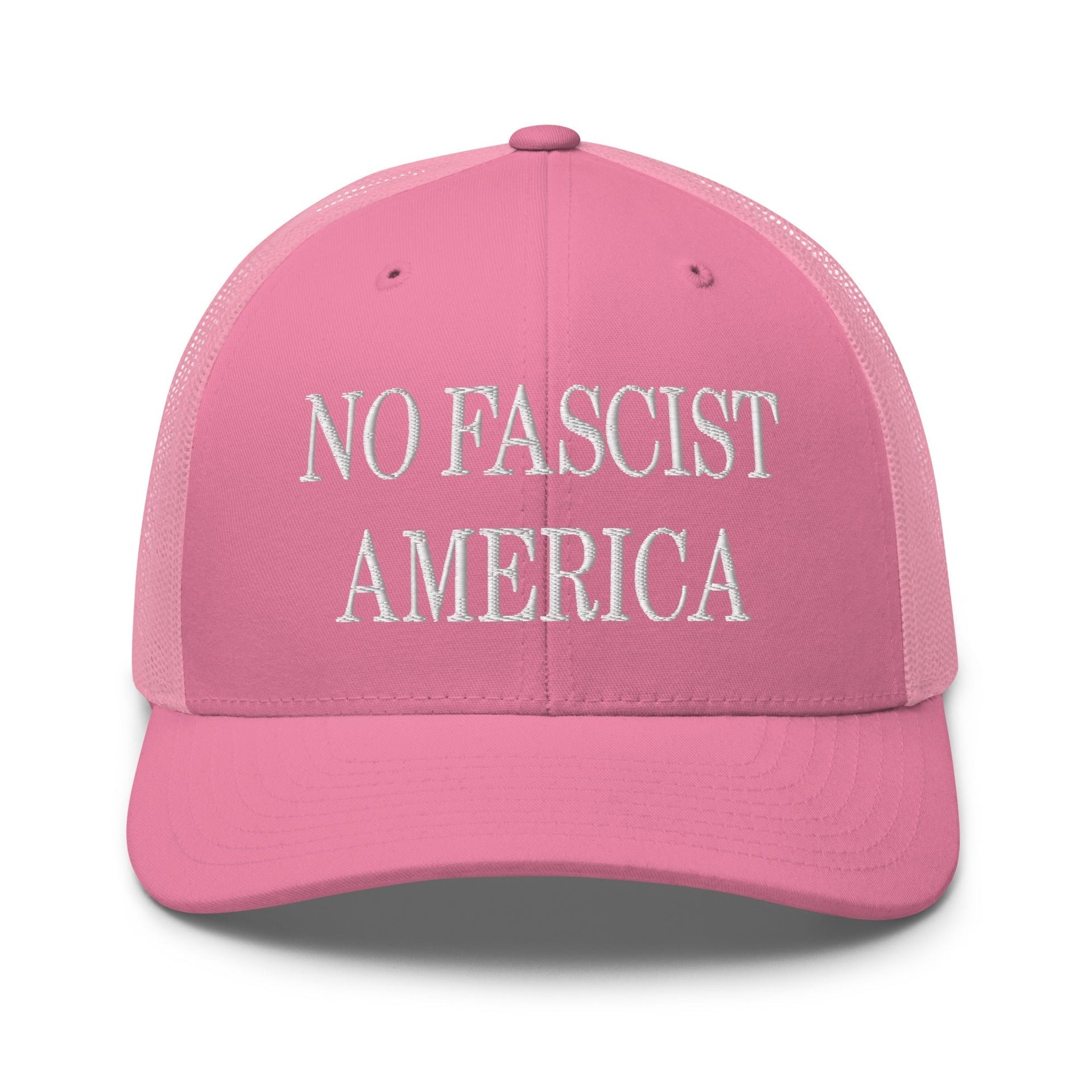 No Fascist America Embroidered Retro Mesh Trucker Hat Pink Capital Crowns LADs Liberal Trucker Hats