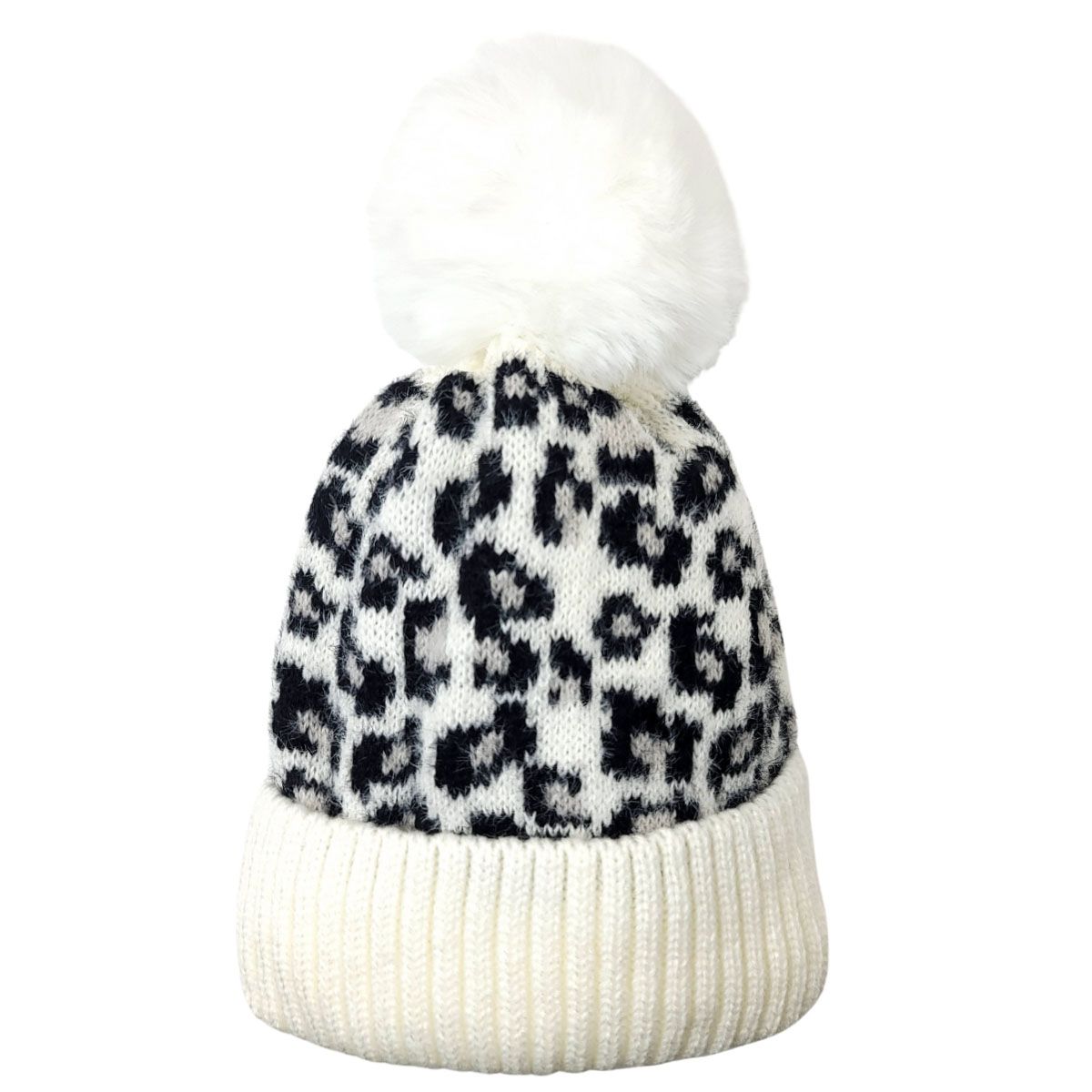 Fashion Pom Knit Toque - White with Black Leopard pattern
