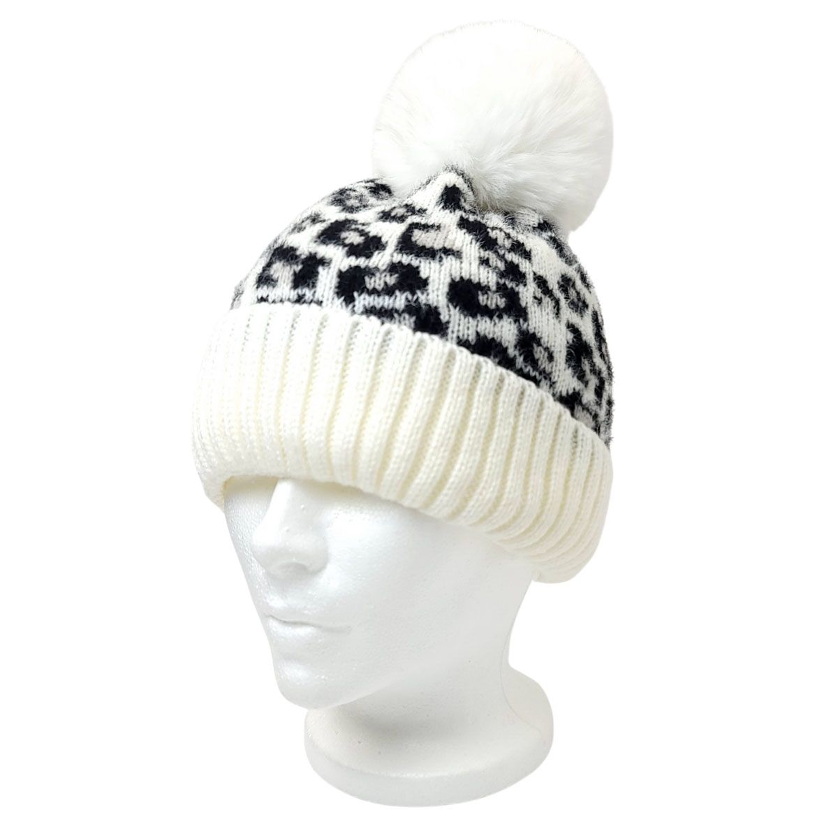 Fashion Pom Knit Toque - White with Black Leopard pattern