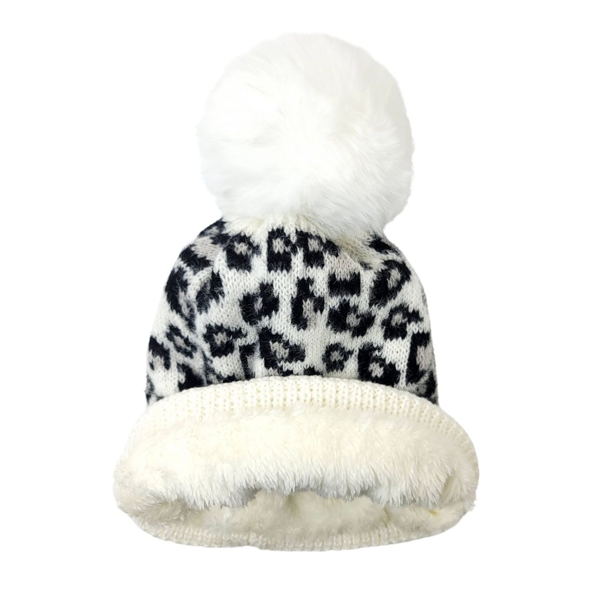 Fashion Pom Knit Toque - White with Black Leopard pattern