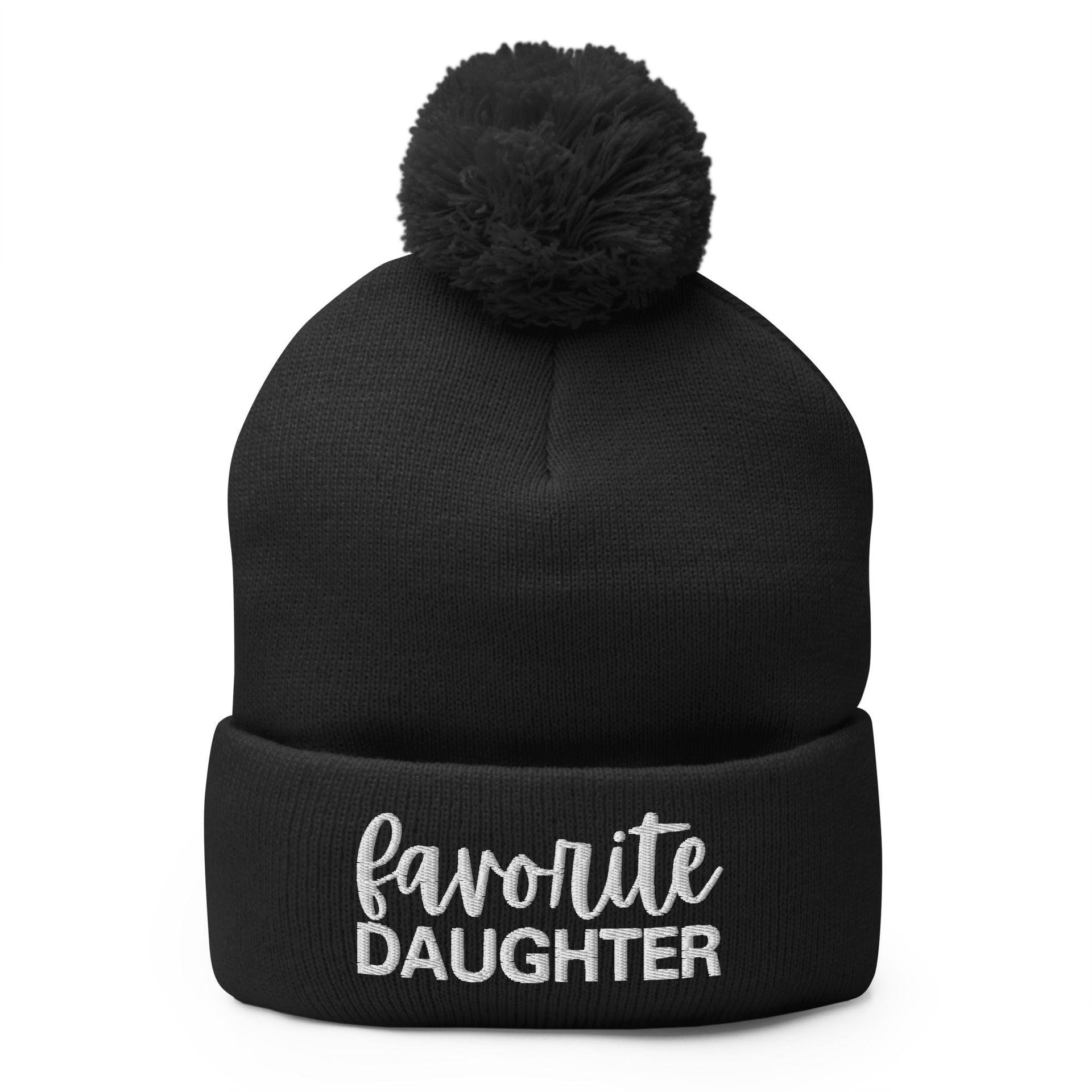 Favorite Daughter Embroidered Knit Pom Pom Beanie Black Beanies Capital Crowns Funny