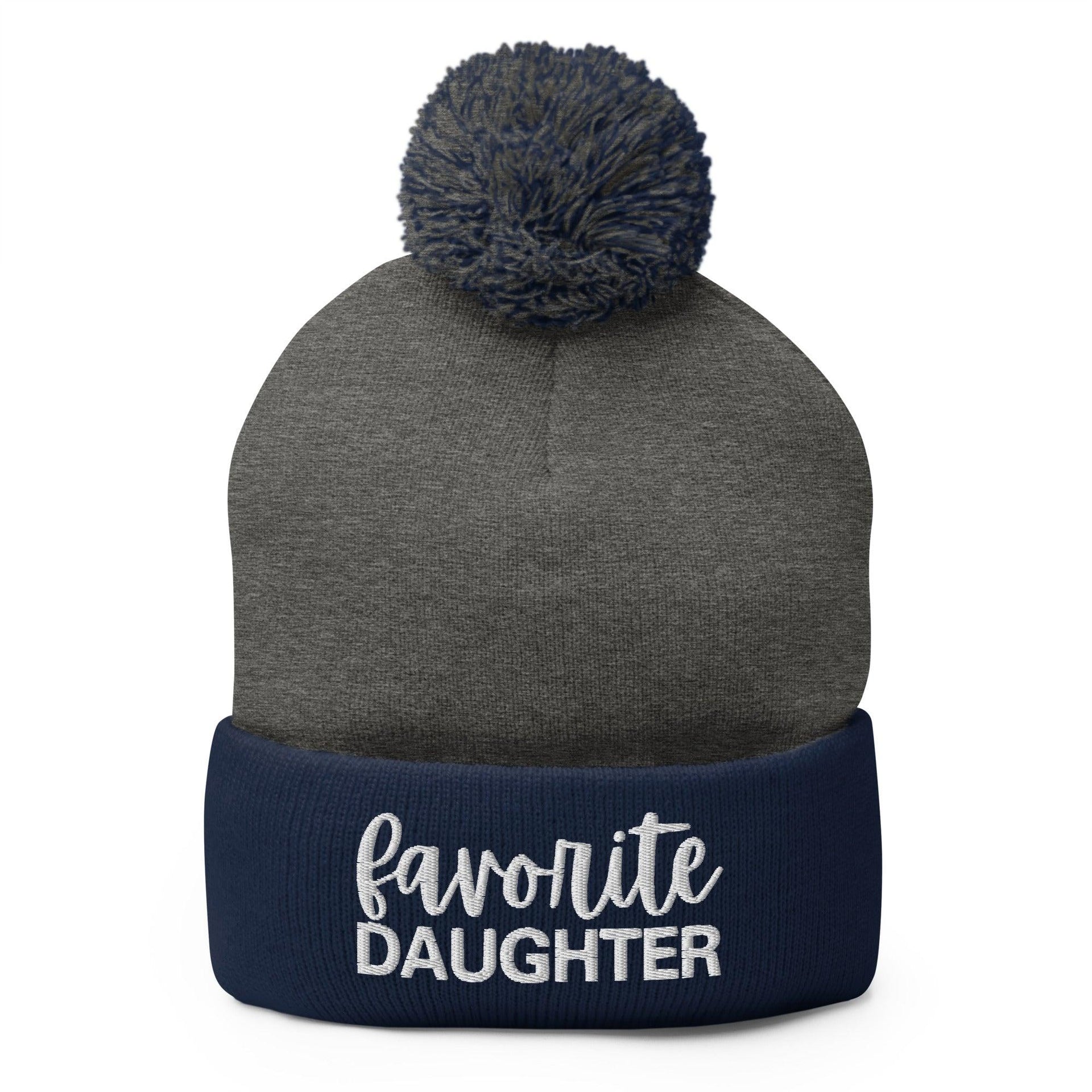 Favorite Daughter Embroidered Knit Pom Pom Beanie Dark Heather Grey Navy Beanies Capital Crowns Funny