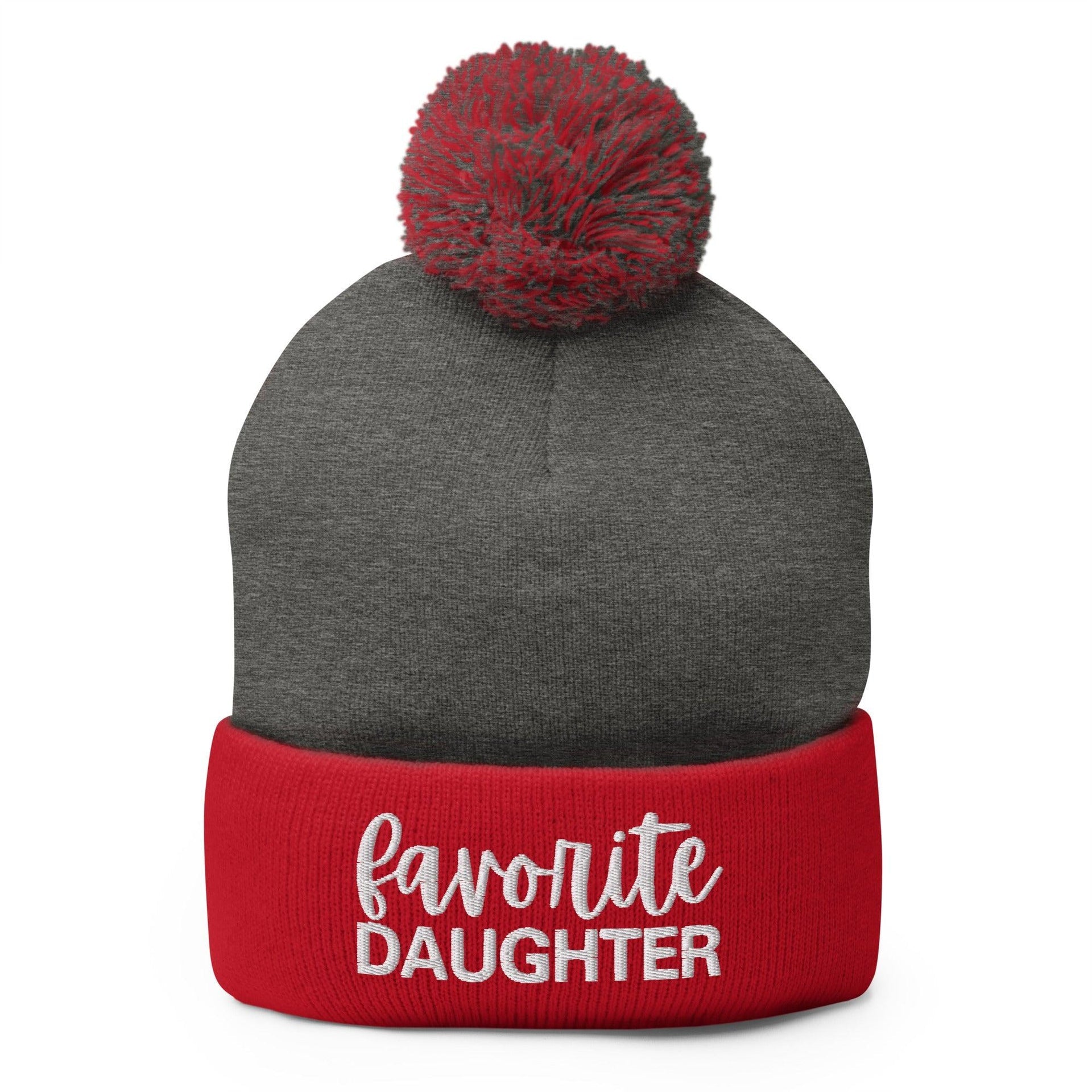 Favorite Daughter Embroidered Knit Pom Pom Beanie Dark Heather Grey Red Beanies Capital Crowns Funny