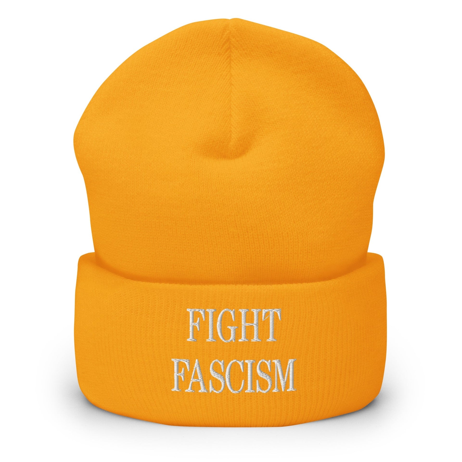 Fight Fascism Embroidered Cuffed Knit Beanie Gold Beanies Capital Crowns Liberal