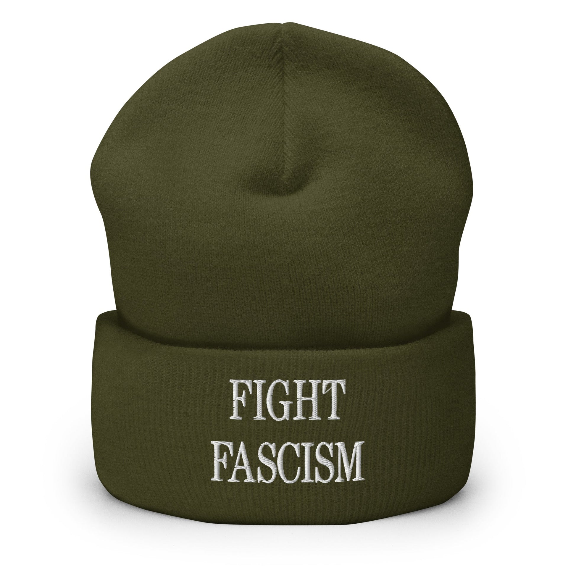 Fight Fascism Embroidered Cuffed Knit Beanie Olive Beanies Capital Crowns Liberal