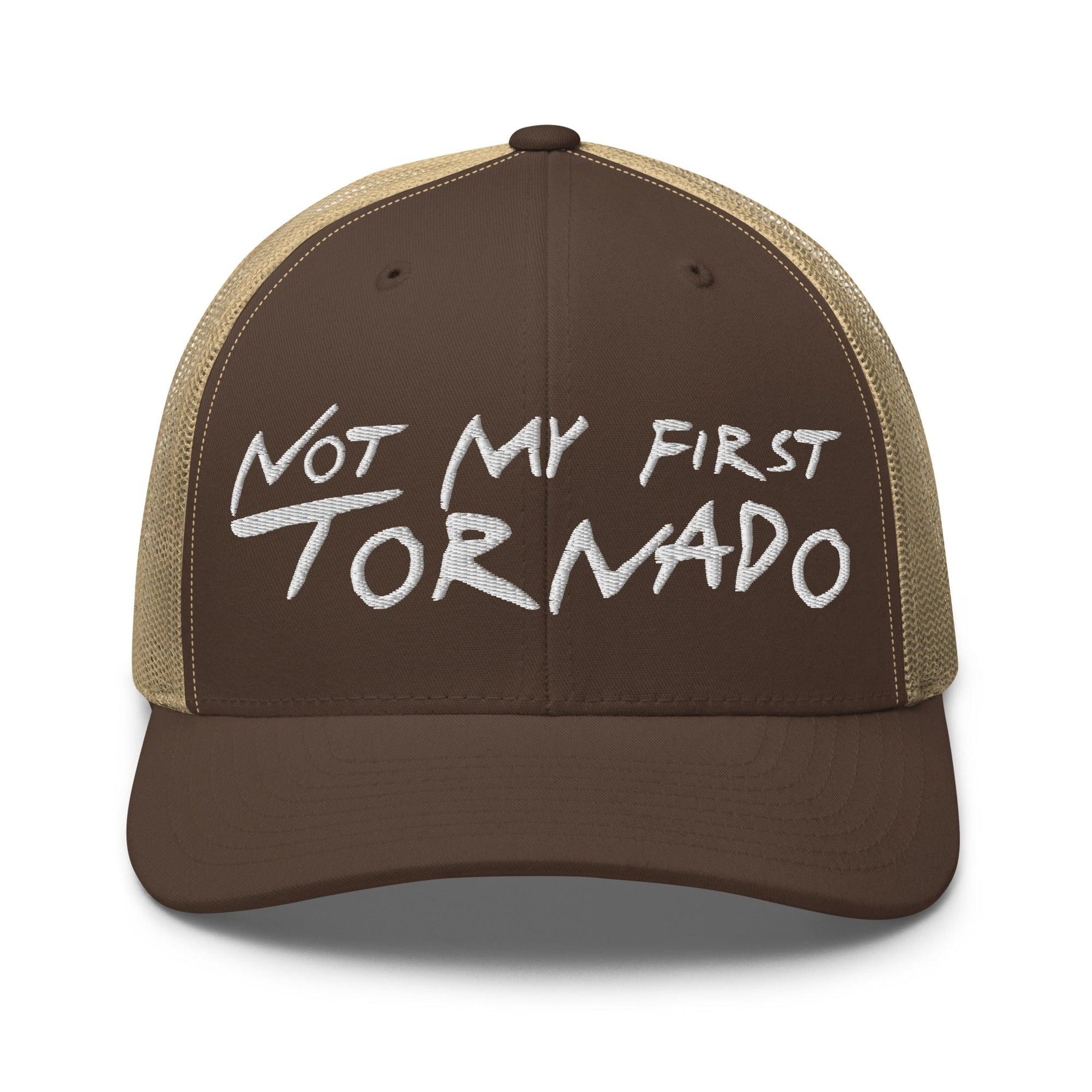 Not My First Tornado Retro Trucker Hat Brown Khaki Capital Crowns Funny Trucker Hats