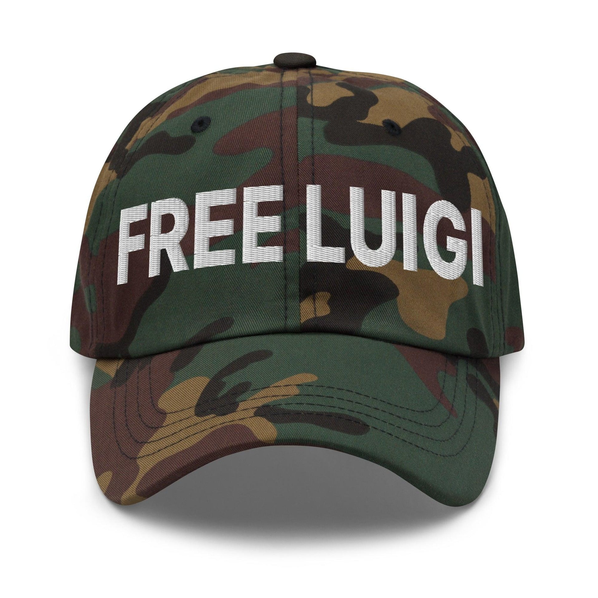 Free Luigi Mangione Embroidered Dad Hat Green Camo Capital Crowns Dad Hats Funny LADs Luigi Luigi Apparel luigi mangione
