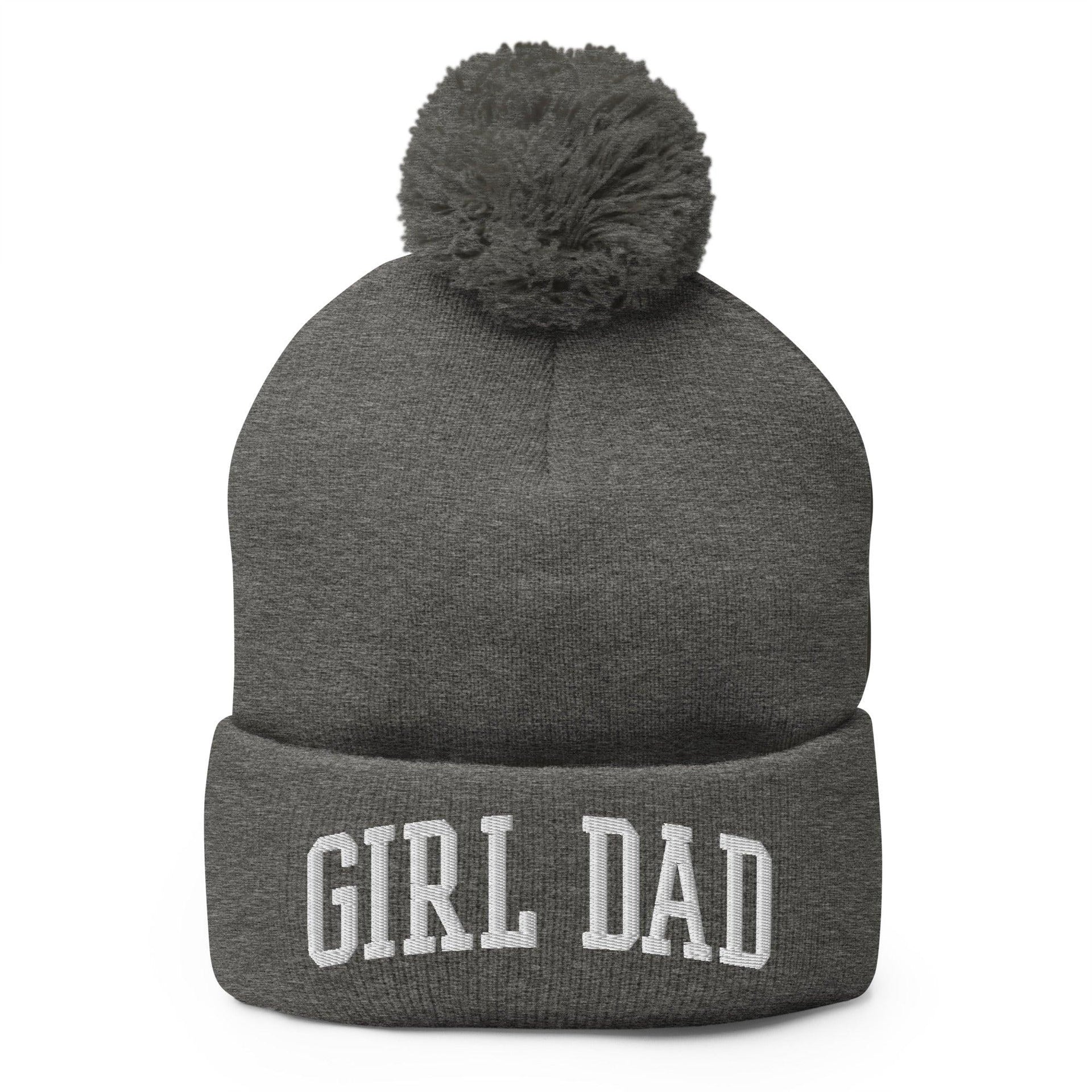 Girl Dad Varsity Letterman Block Embroidered Knit Pom Pom Beanie Dark Heather Grey Beanies Capital Crowns Dad Hats Funny