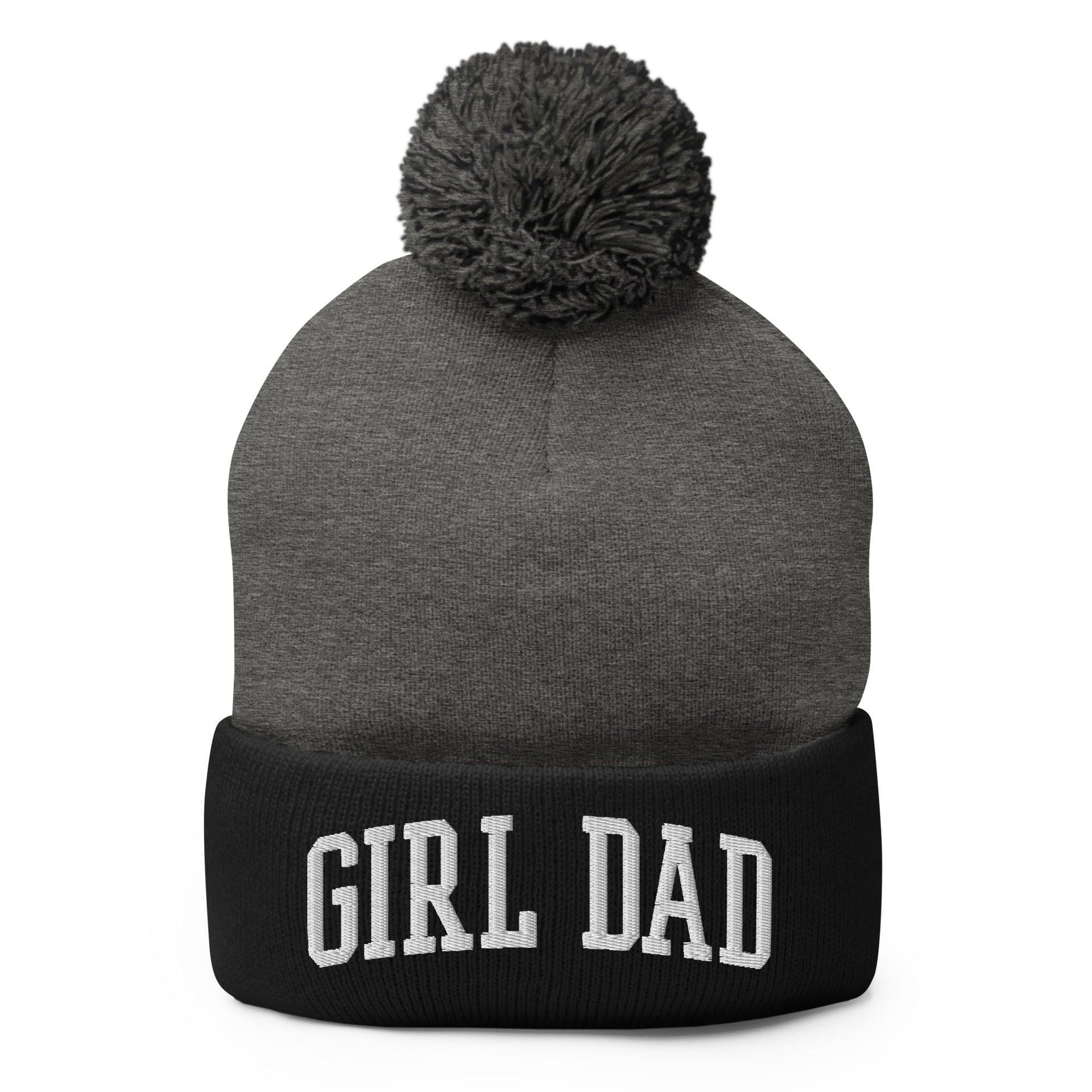 Girl Dad Varsity Letterman Block Embroidered Knit Pom Pom Beanie Dark Heather Grey Black Beanies Capital Crowns Dad Hats Funny